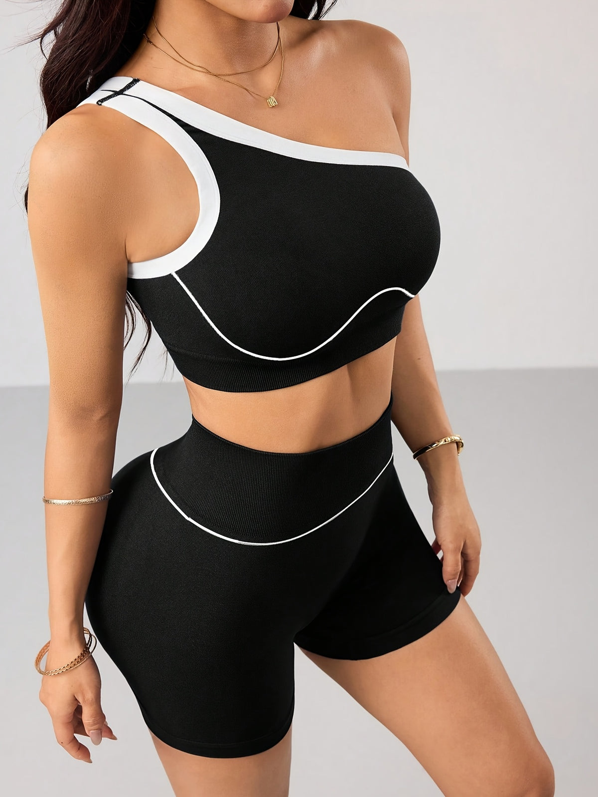 One Shoulder Bra & Shorts Set - Black