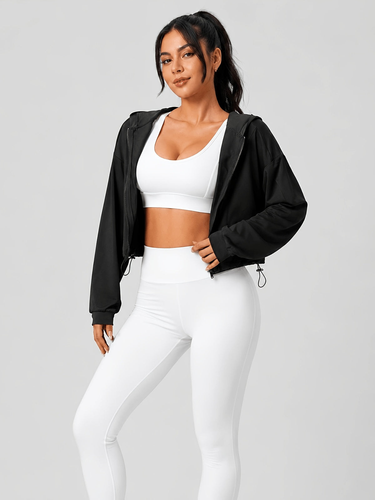 Hooded Drawstring Hem Cropped Jacket - Black