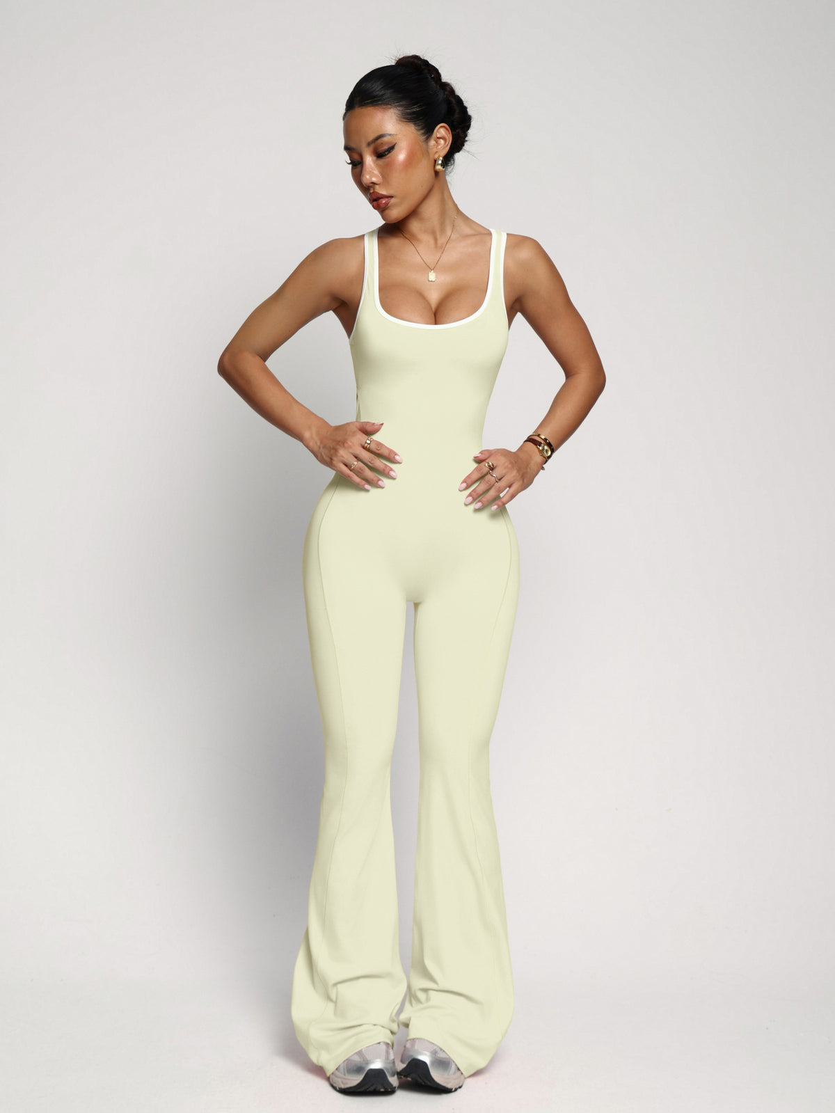 Backless Cami Flare Leg Jumpsuit - Light Yellow