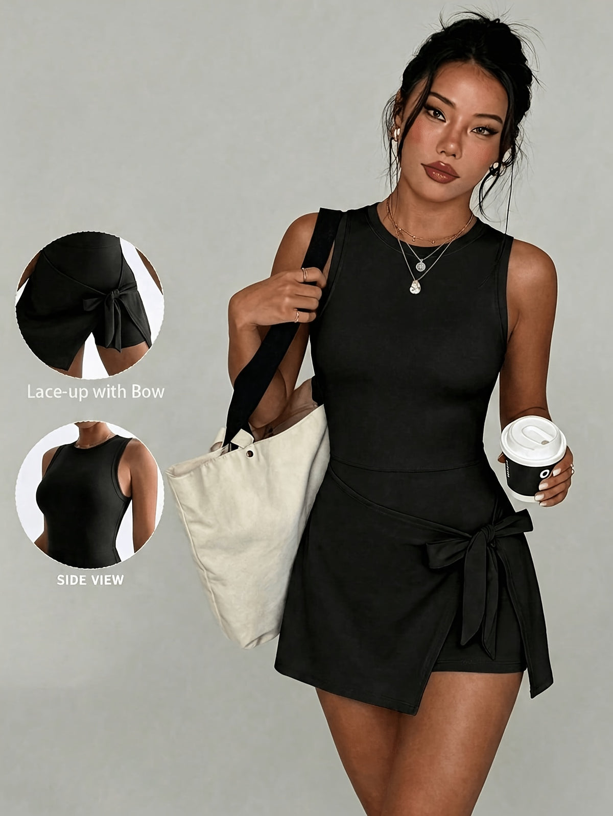 Side Knot Skort Dress - Black