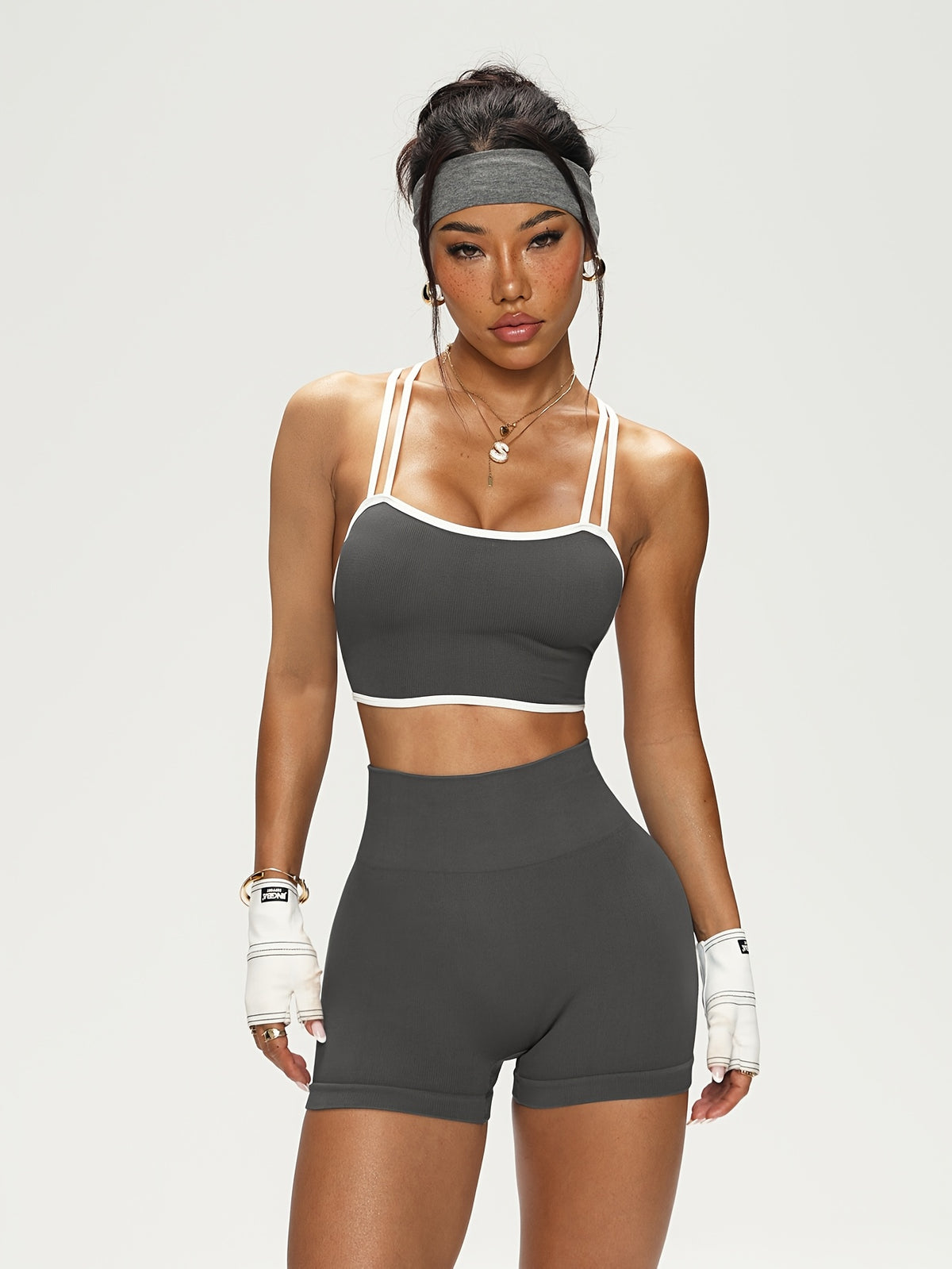 Seamless Stretch Sports Bra & Shorts Set - Dark Gray