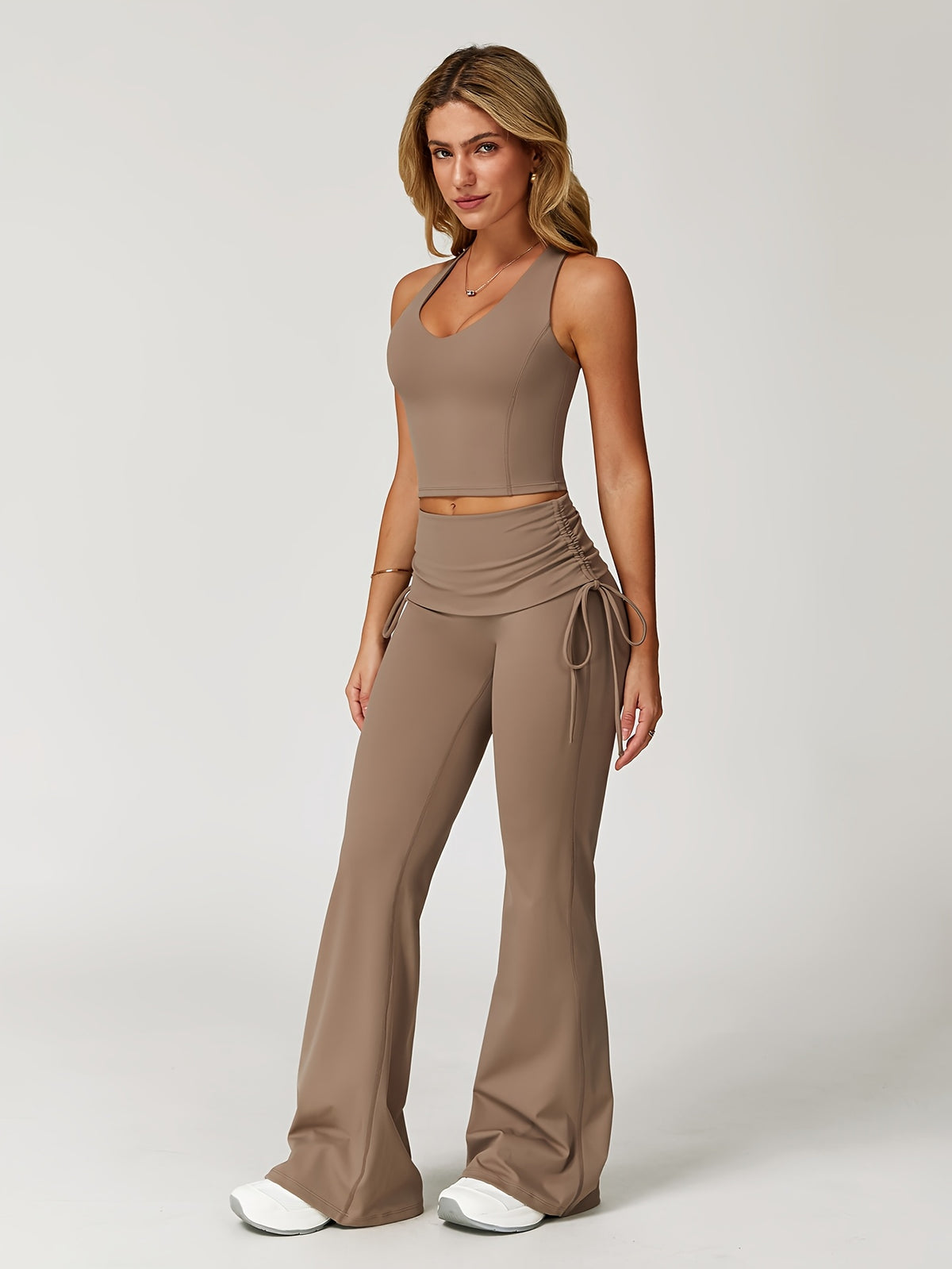 Drawstring Vest & Flare Pants Set - Camel