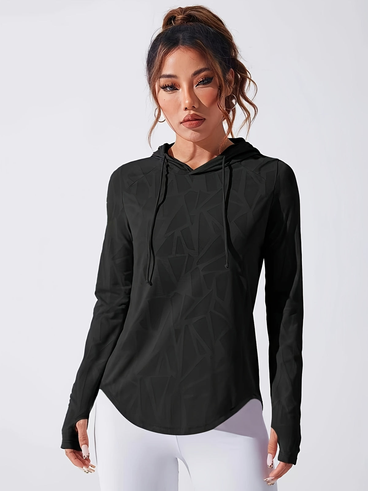 Curved Hem Drawstring Hooded Top - Black