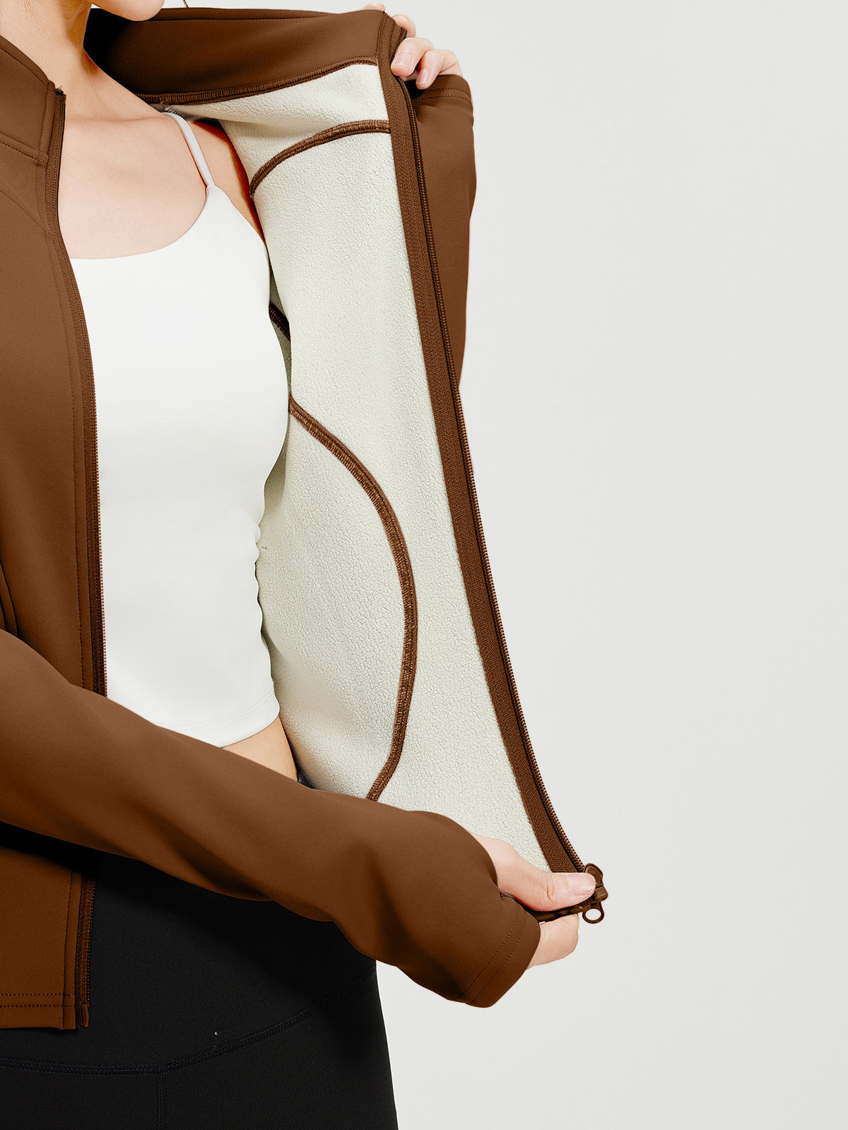 Warm Lined Stand Collar Zip Jacket - Light Brown