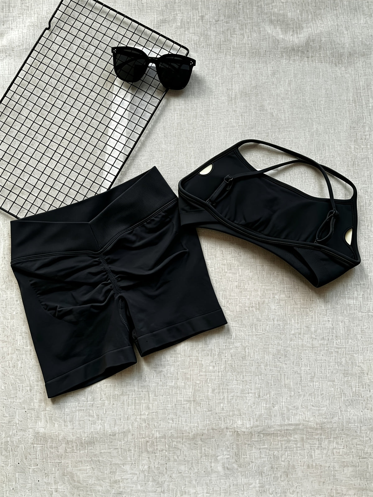 Cross Back Seamless Bra & Shorts Set - Black
