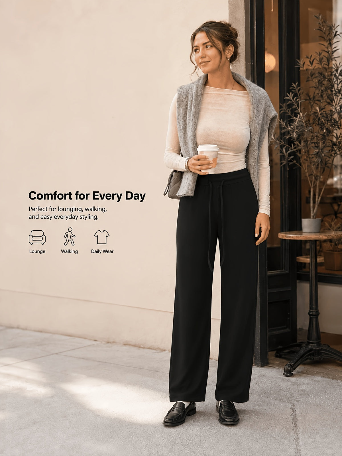 Wide Drawstring Waistband Straight Leg Pants - Black
