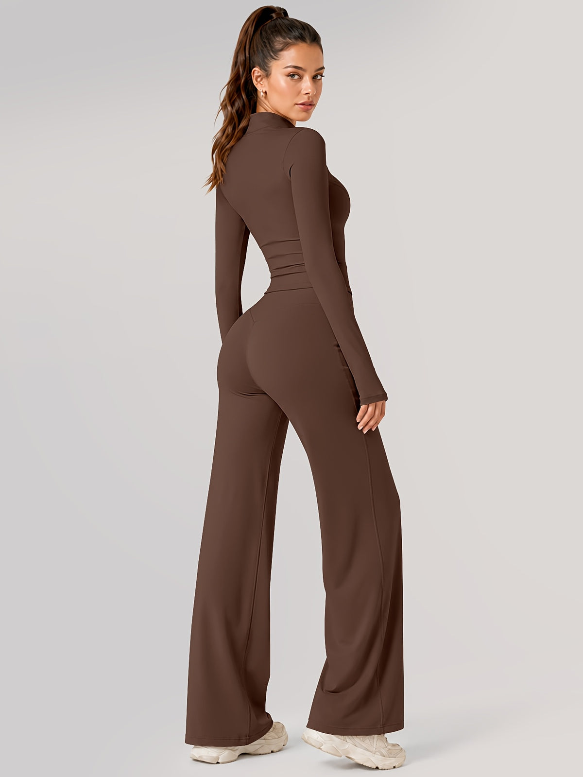 Zip Jacket & Wide Leg Pants Set - Brown