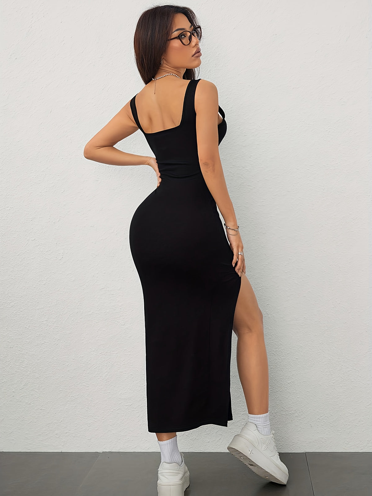Wide Strap Slit Yoga Dress - Black