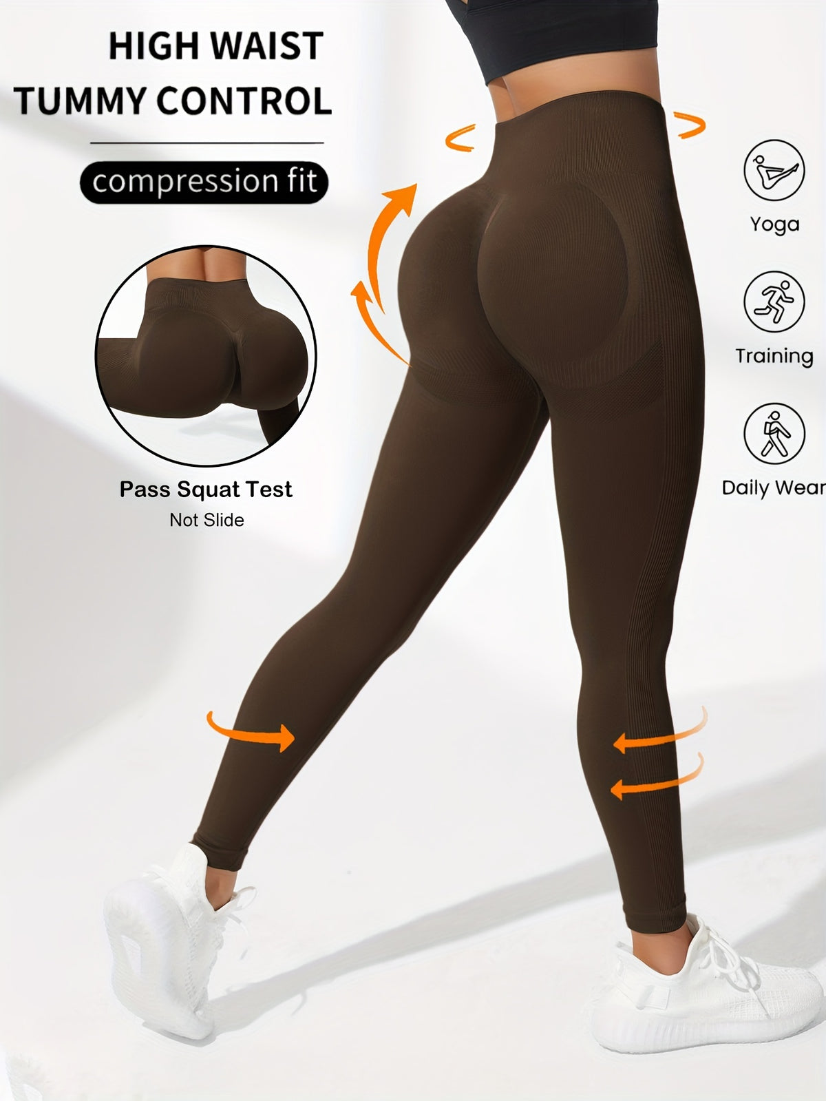 Tummy Control Wide Waistband Leggings - Dark Brown