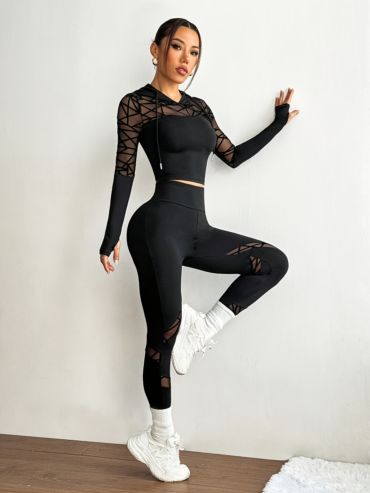 Mesh Panel Thumbhole Hoodie & Leggings Set - Black