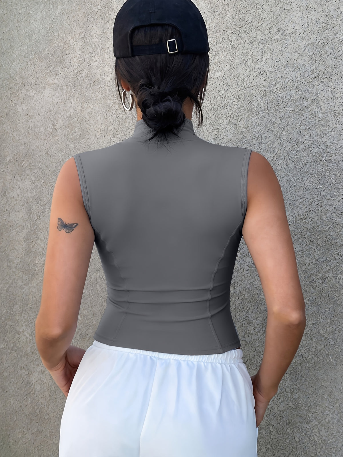 Zip Front Stand Collar Sleeveless Vest - Grey