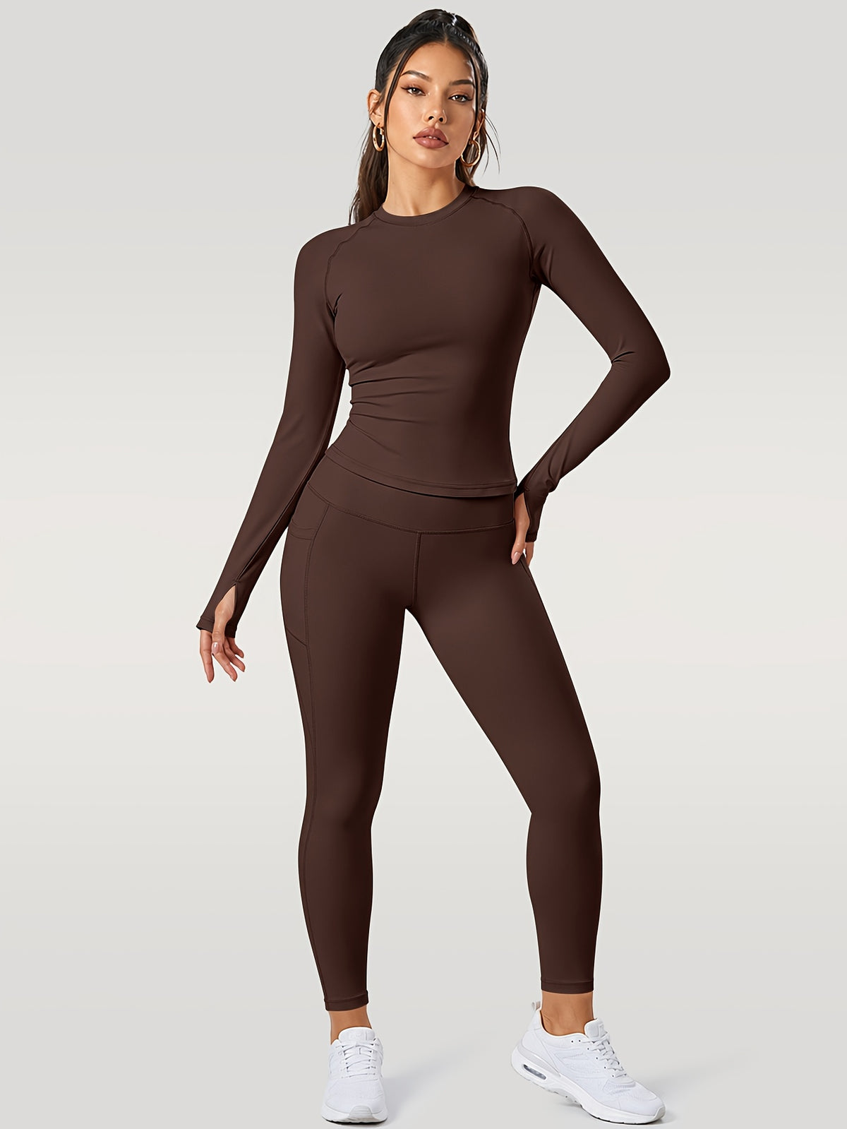Long Sleeve Top & Leggings Set - Brown