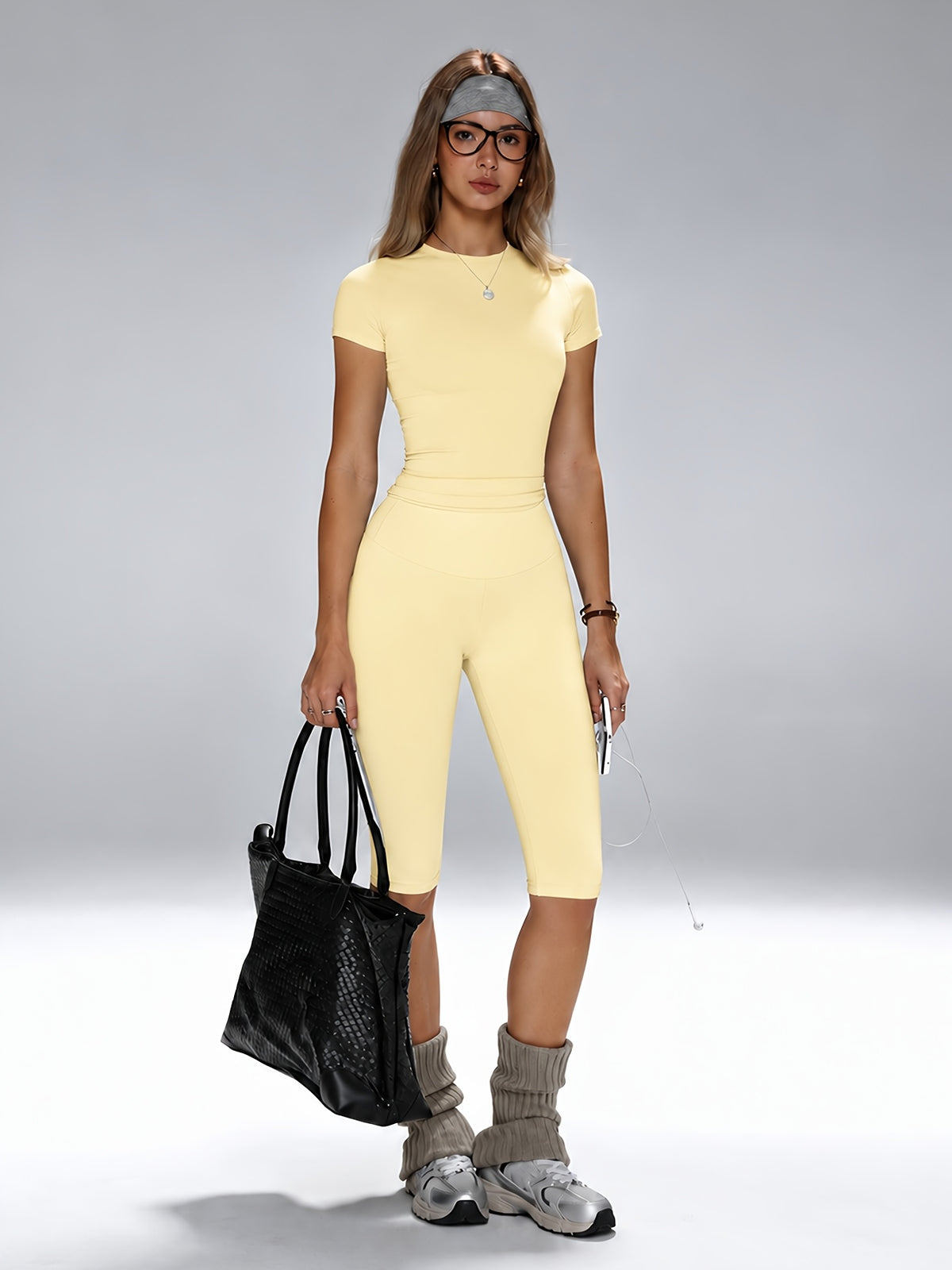 Round Neck Tee & Lifting Cropped Pants Set - Cream Yellow