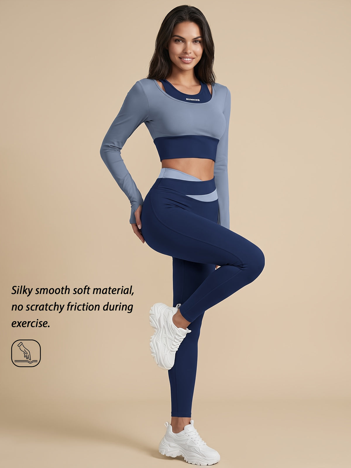 Faux Two-Piece Contrast Top & Leggings Set - Light Blue & Navy Blue