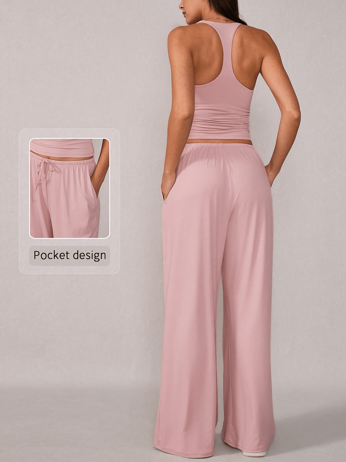 Racerback Tank & Wide Leg Pants Set - Light Pink