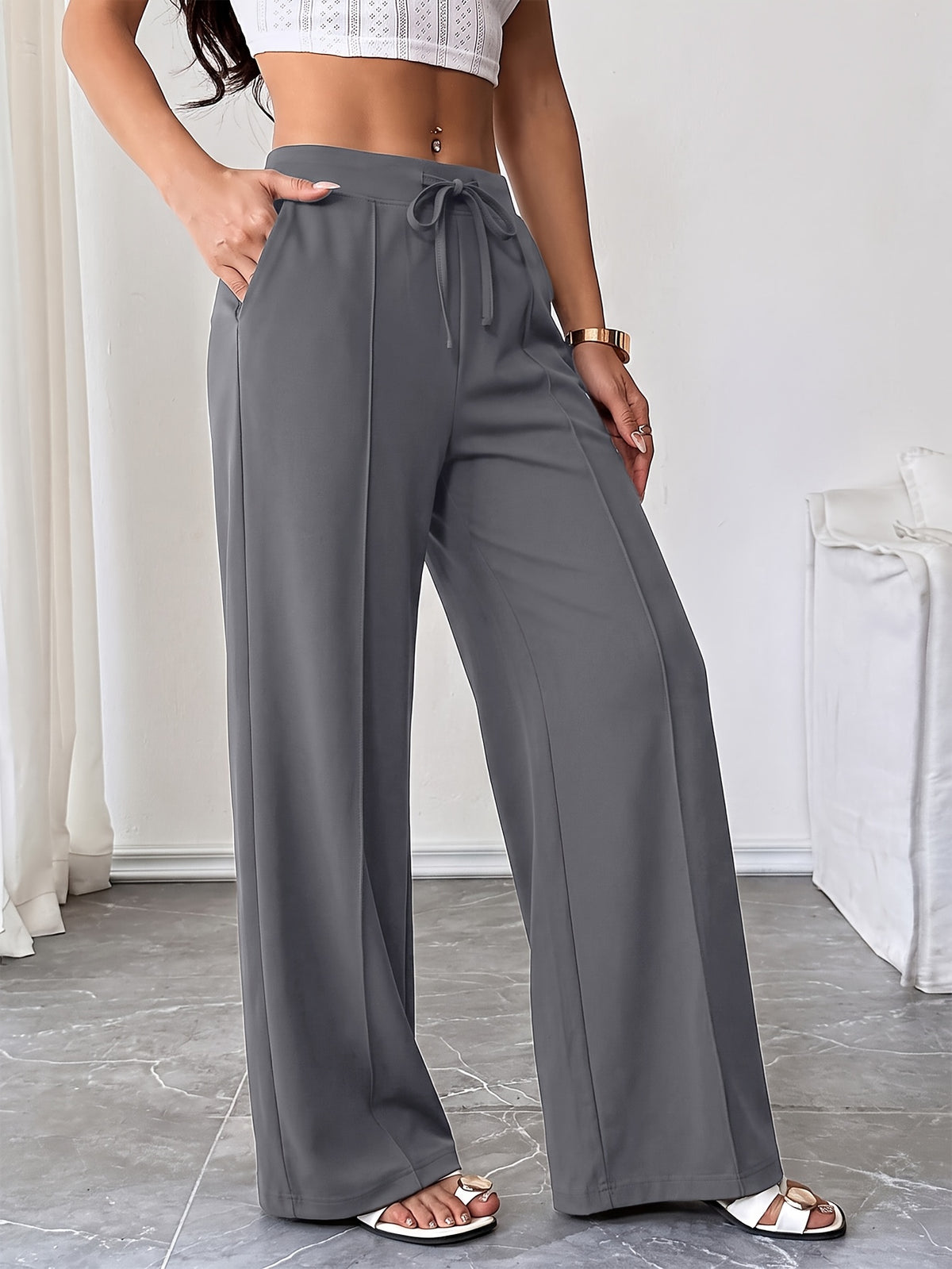 Drawstring Flowy Wide Leg Pants - Grey