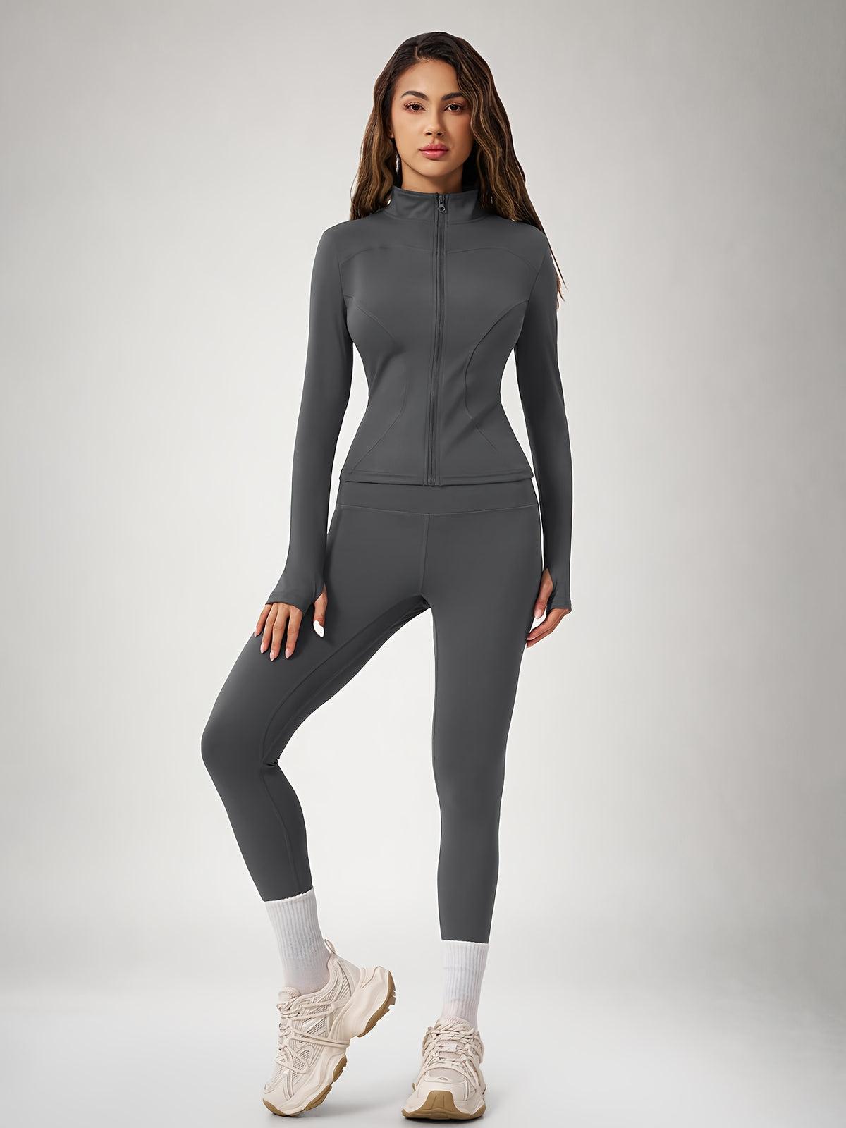 Thumbhole Cropped Zip Jacket & Leggings Set - Grey