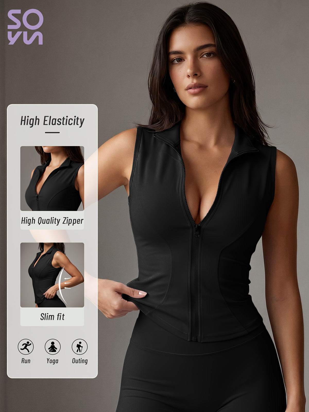 Sleeveless Zip Up Athletic Vest - Black