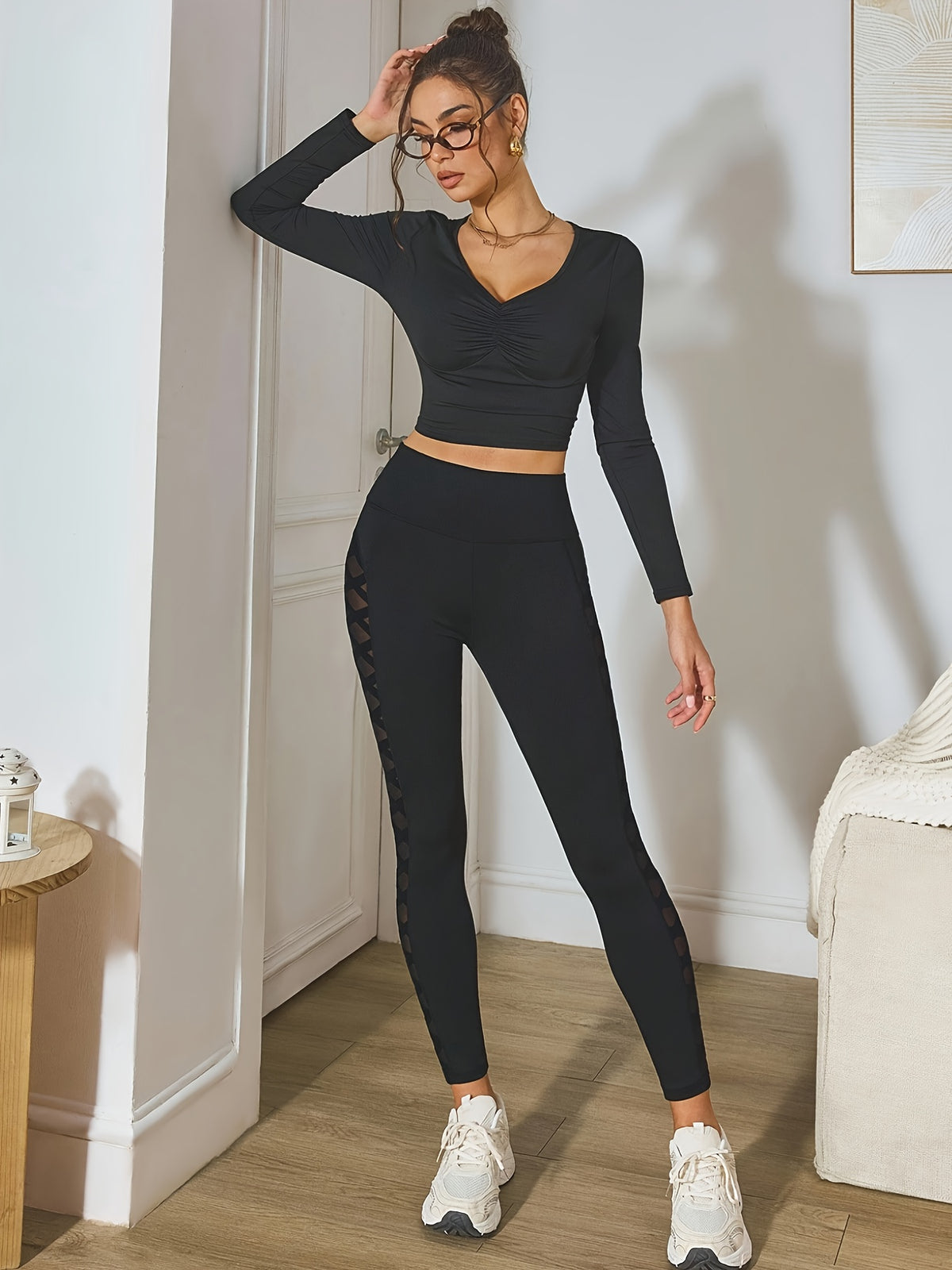 Mesh Stitch Tight Yoga Leggings - Black