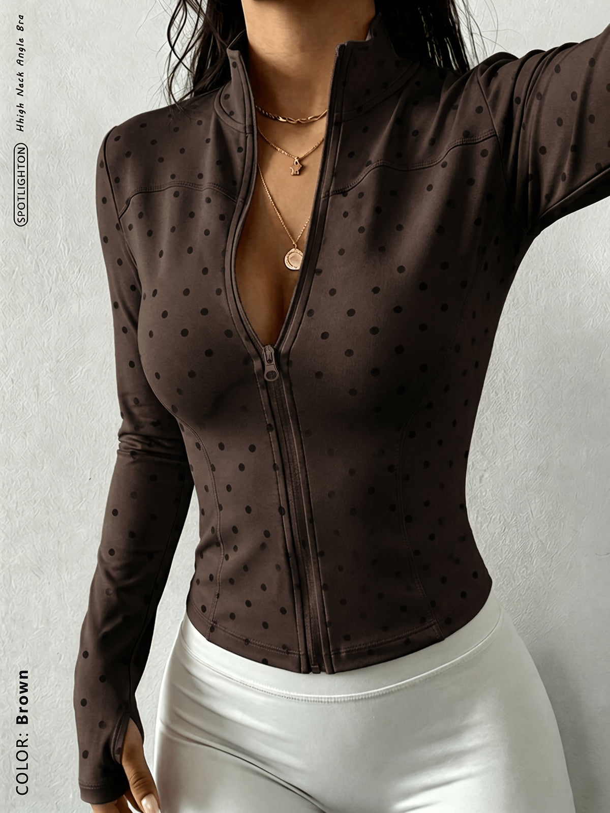 Polka Dot Thumbhole Zip Jacket - Polka Dot Brown