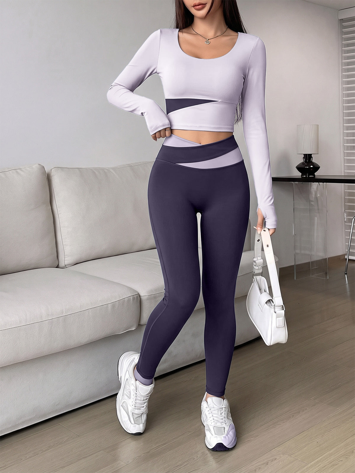 Spliced Finger Tab Crop Top & Pants Set - Light Purple & Dark Purple