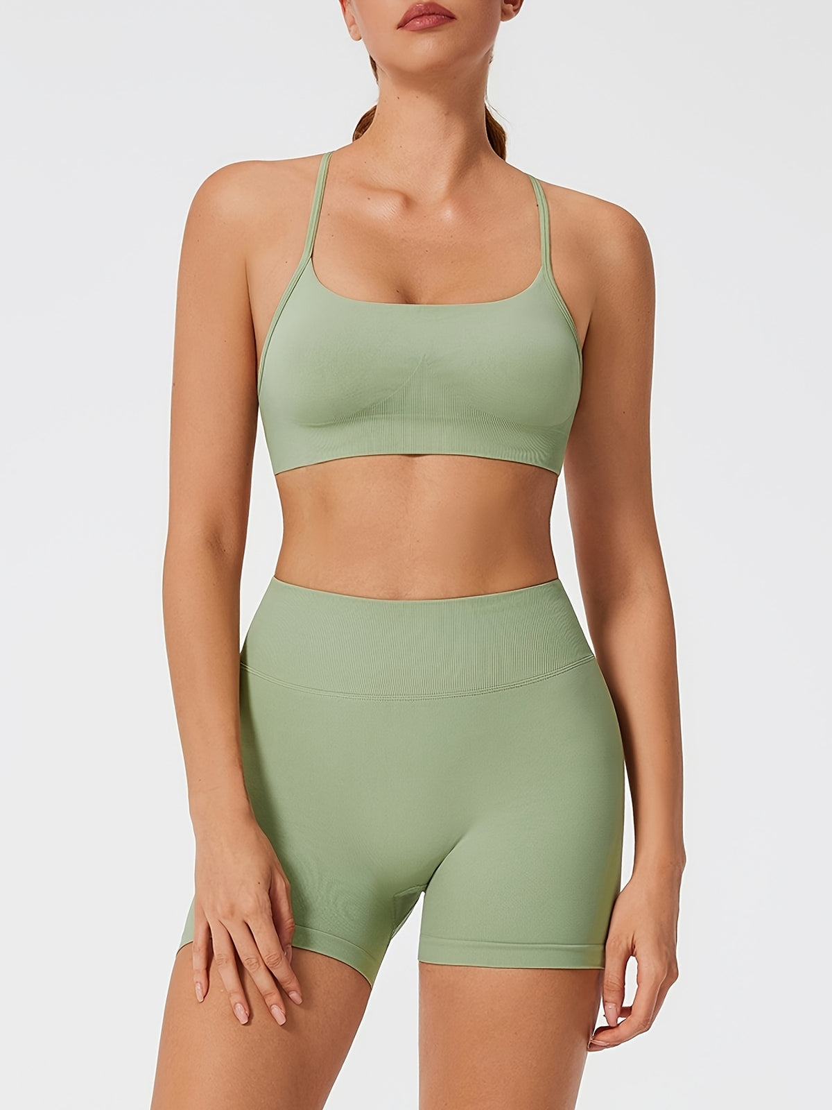 Square Neck Crop Top & Cycling Shorts Set - Yellow Green