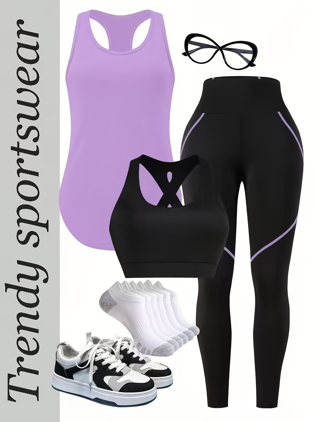 Racerback Tank, Bra & Pants 3 Piece Set - Black Purple