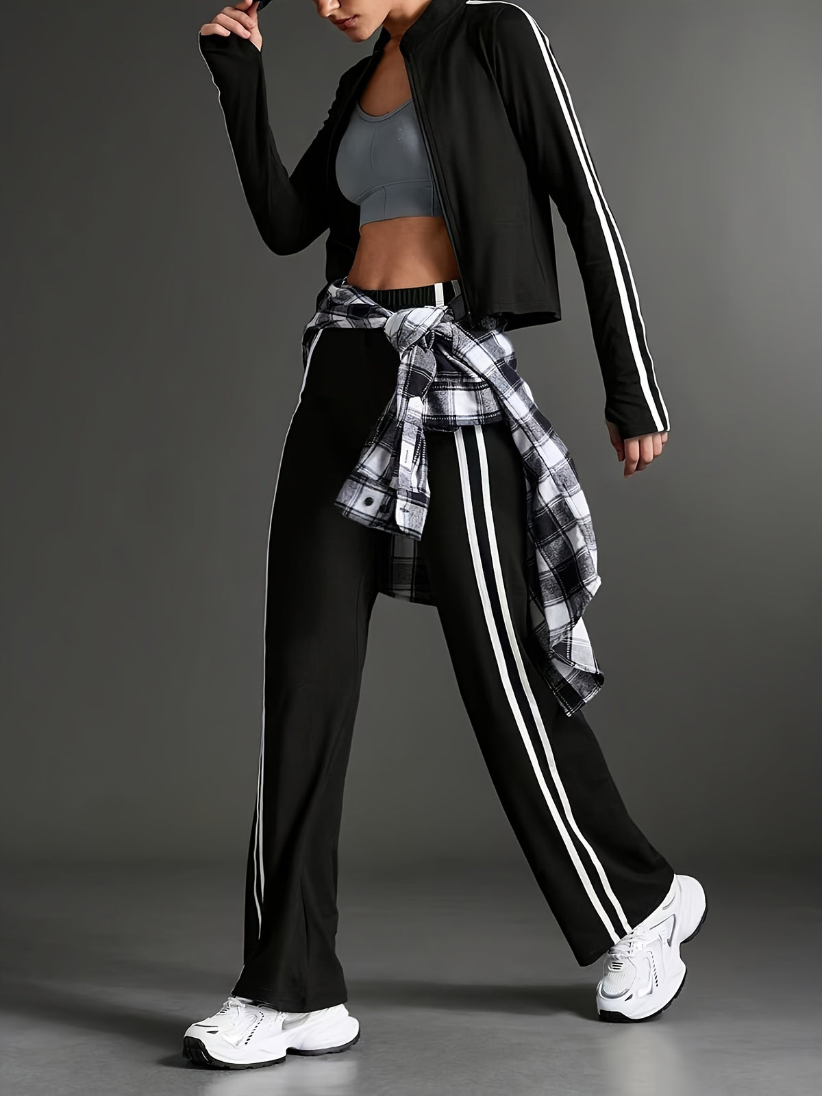 Thumbhole Crop Jacket & Wide Leg Pants Set - Black