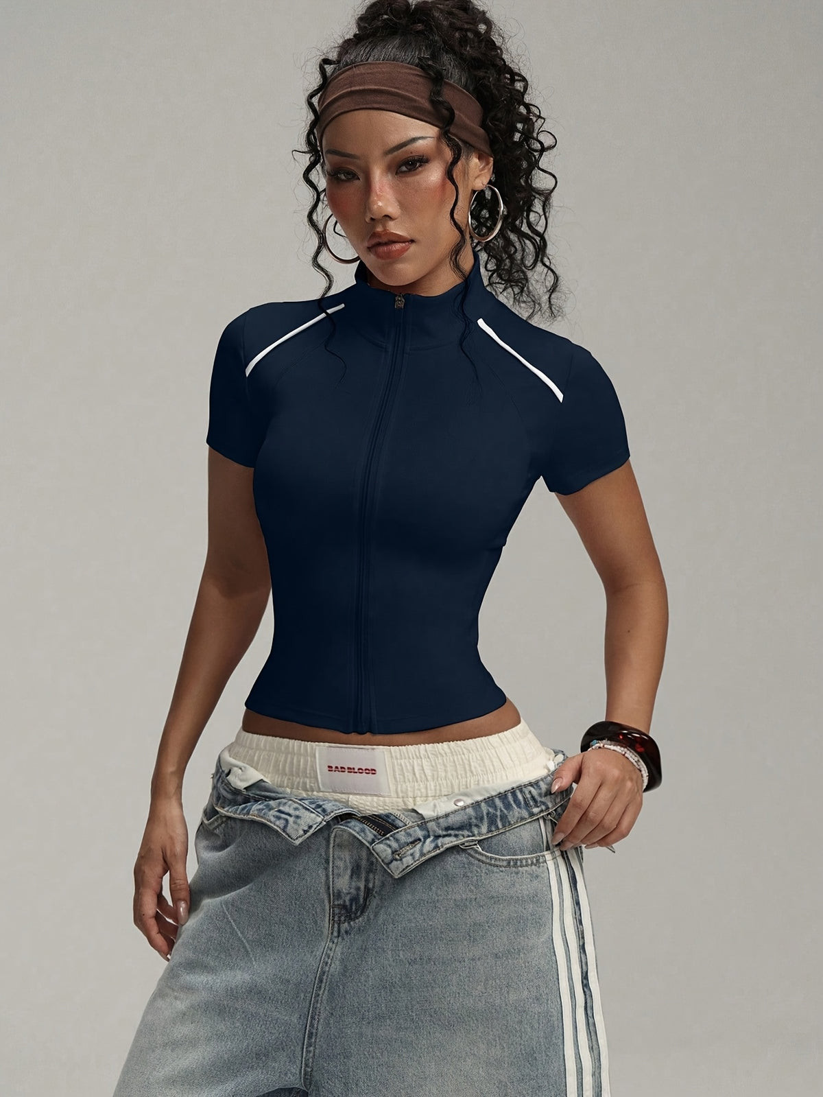 Short Sleeve Zip Top - Navy