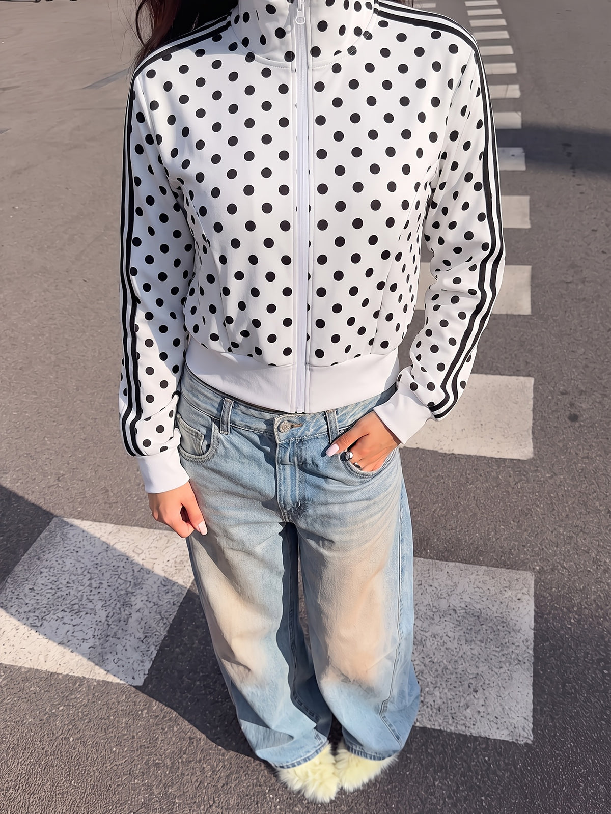 Polka Dot Stand Collar Zip Jacket - White