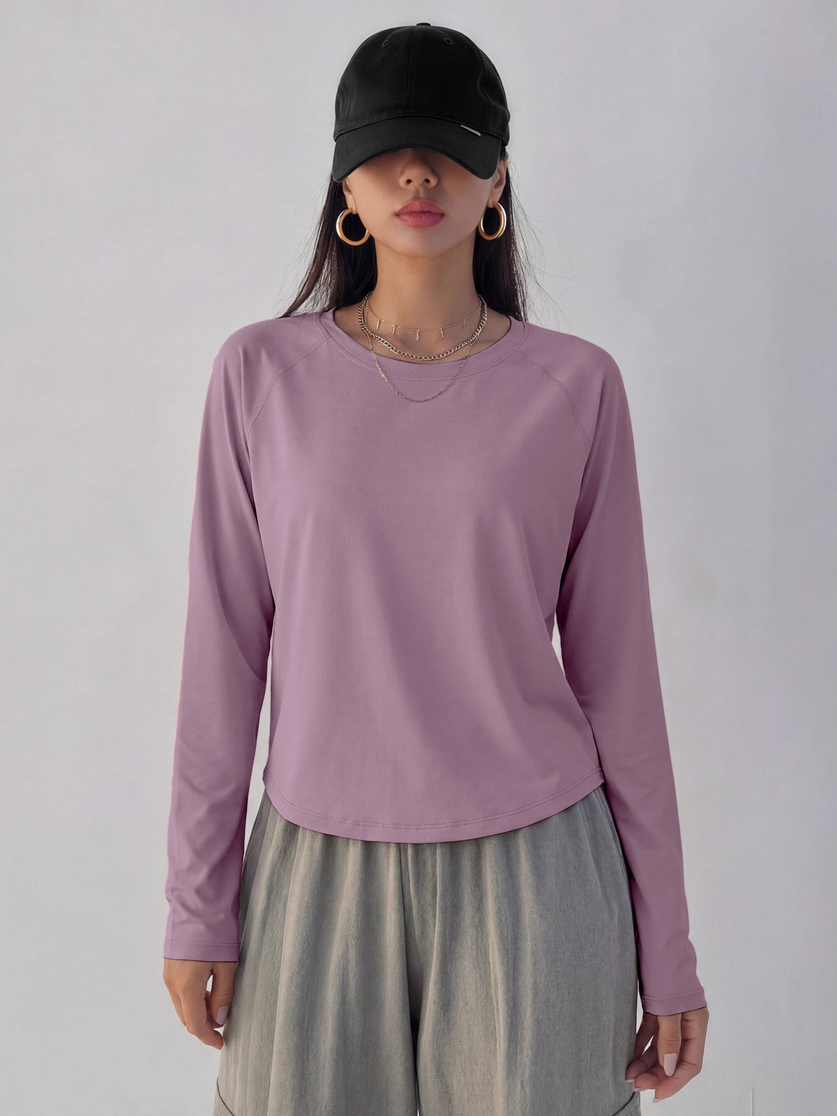 Mesh Back Panel Long Sleeve Top - Dusty Rose