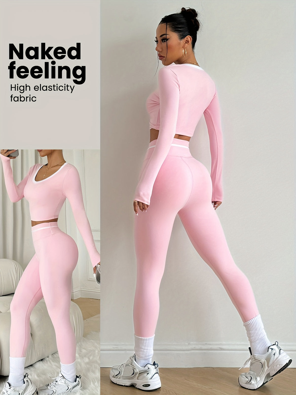 Long Sleeve Crop Top & Lifting Leggings Set - Pink