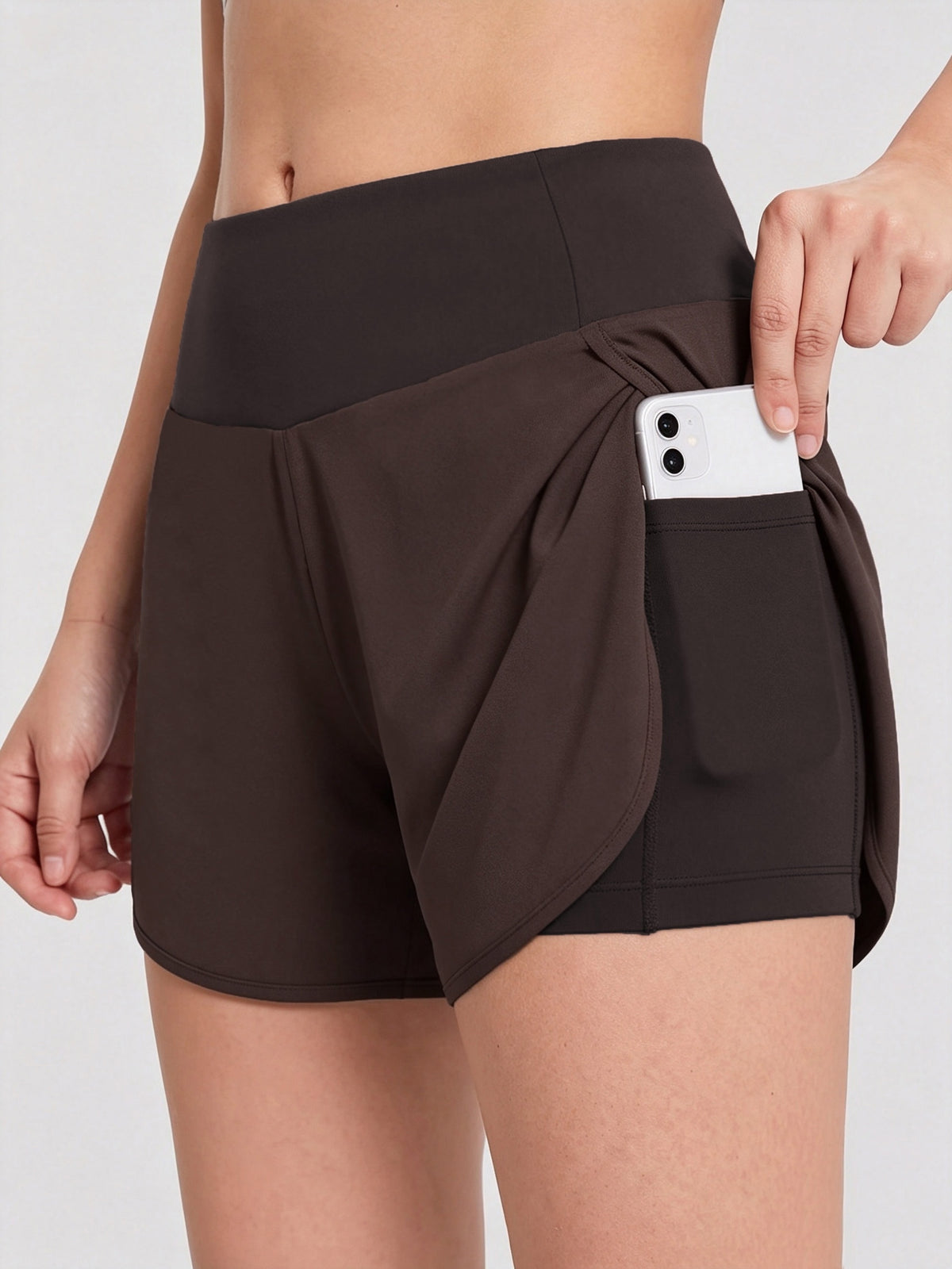 Pocket Anti-Sheer High Waist Running Shorts - Brown