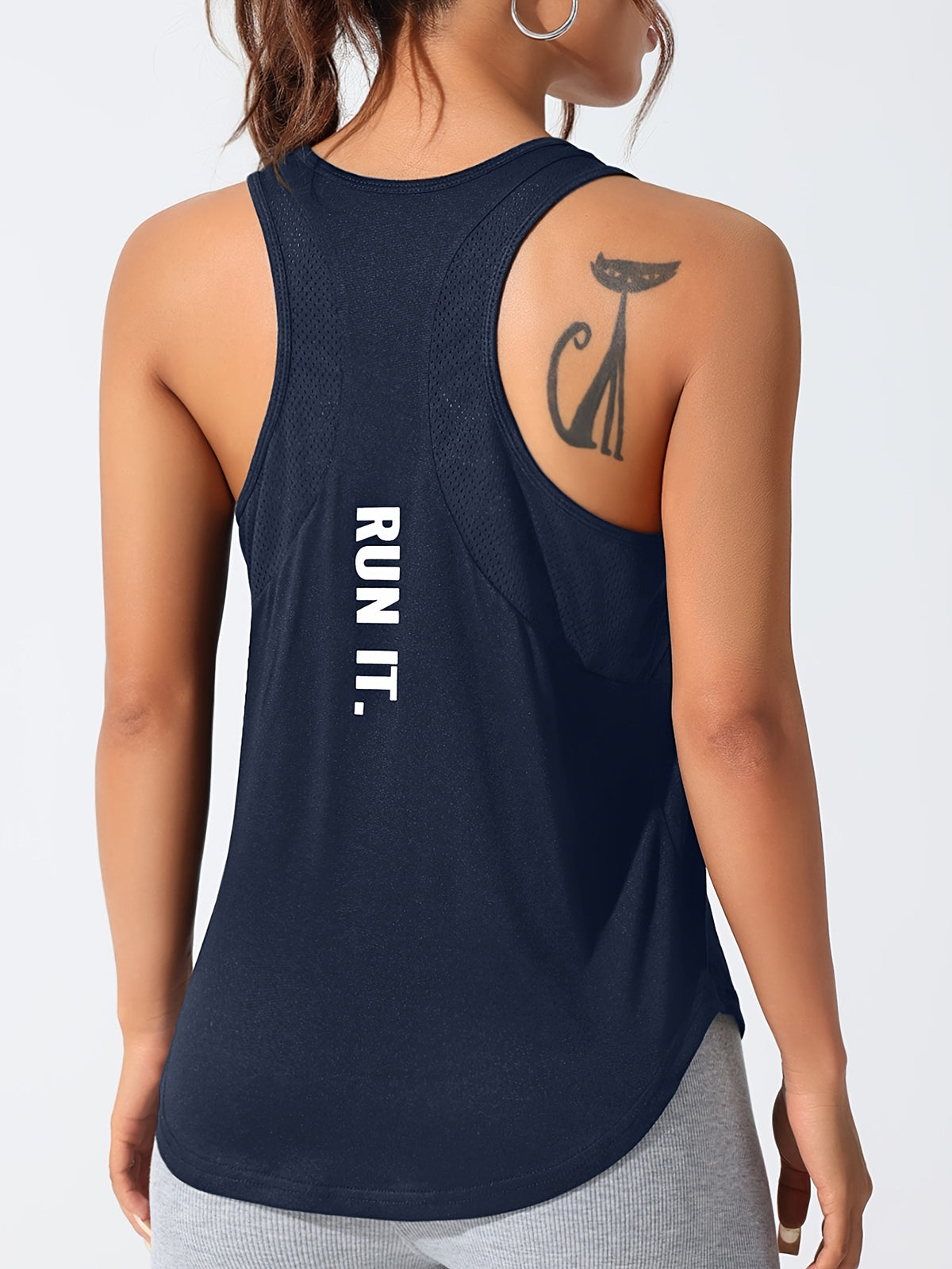 Mesh Panel Letter Print Tee & Vest Set - Black & Dark Blue