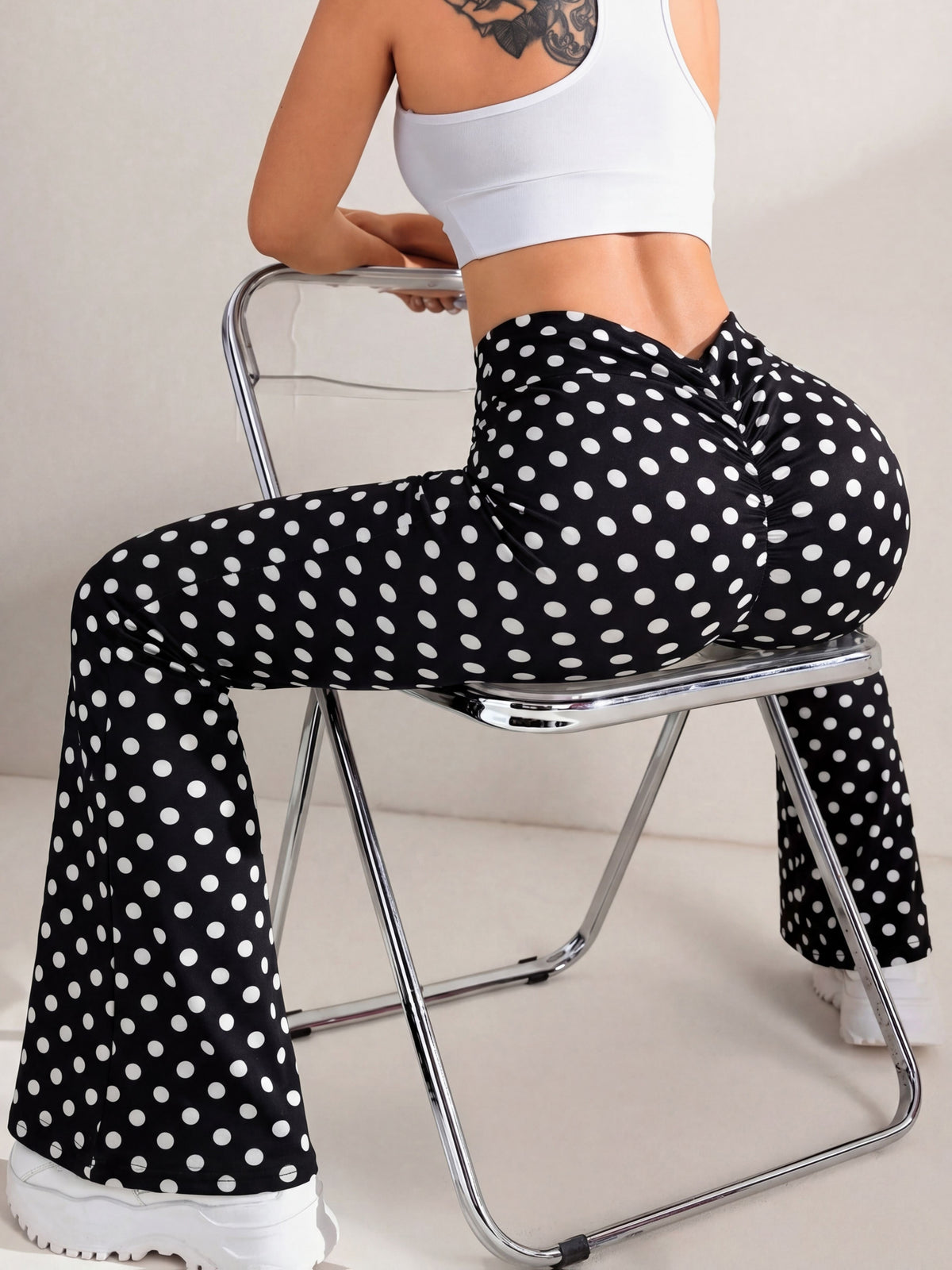 Printed High Waist Slight Flare Pants - Black And White Printing