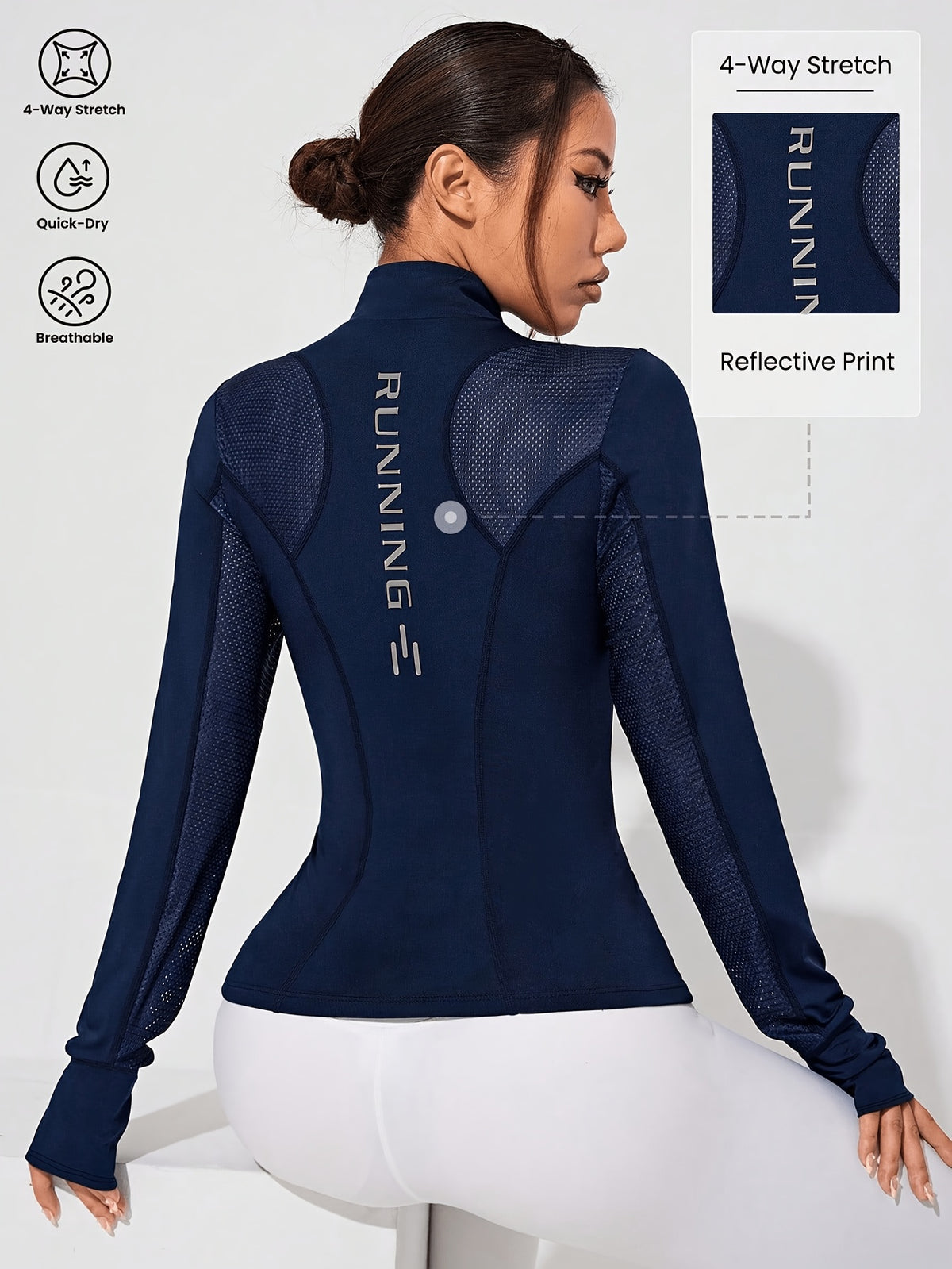 Reflective Letter Mesh Thumbhole Jacket - Navy