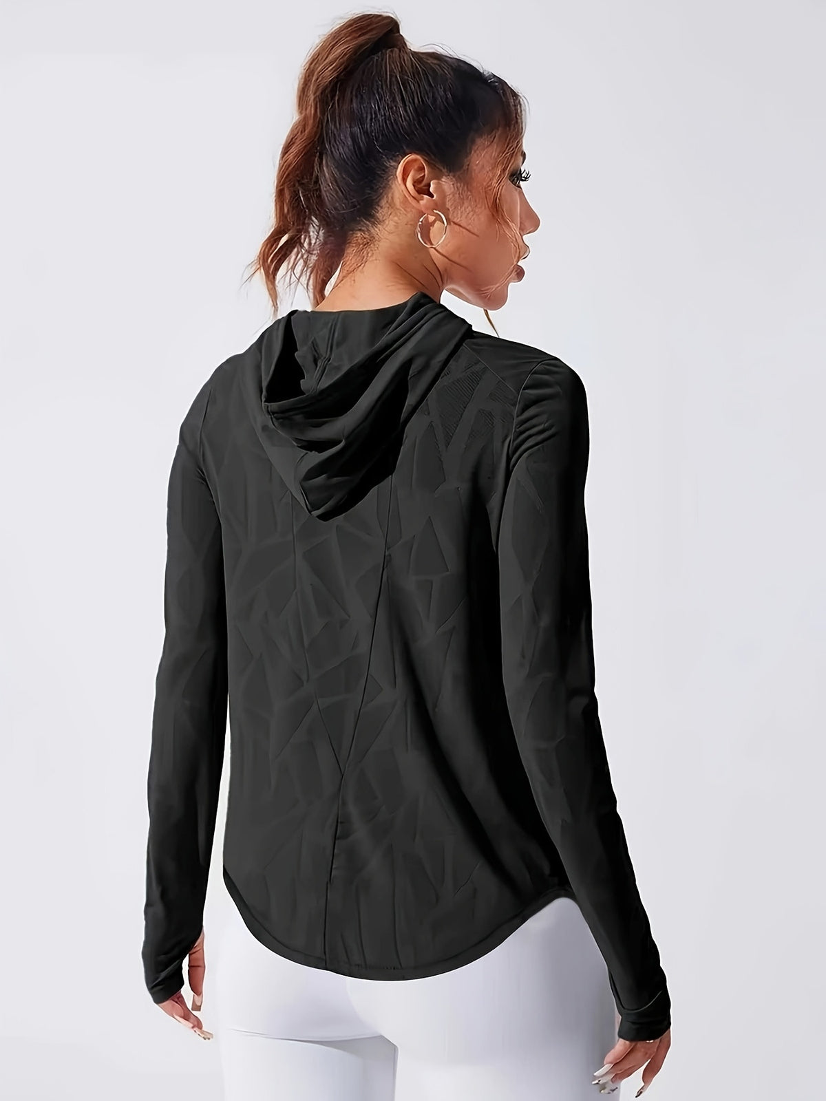 Curved Hem Drawstring Hooded Top - Black