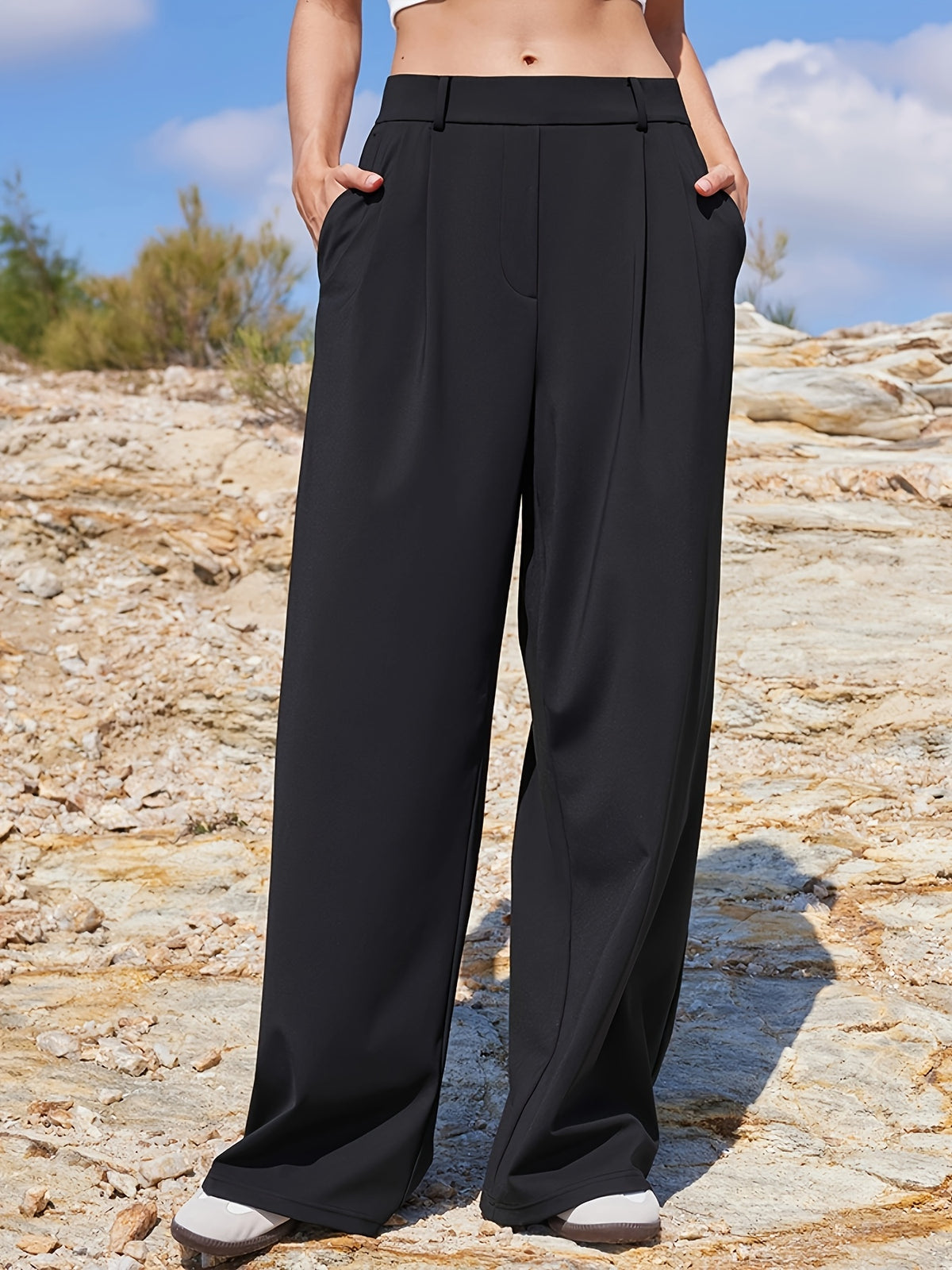 High Waist Straight Leg Work Trousers - Black