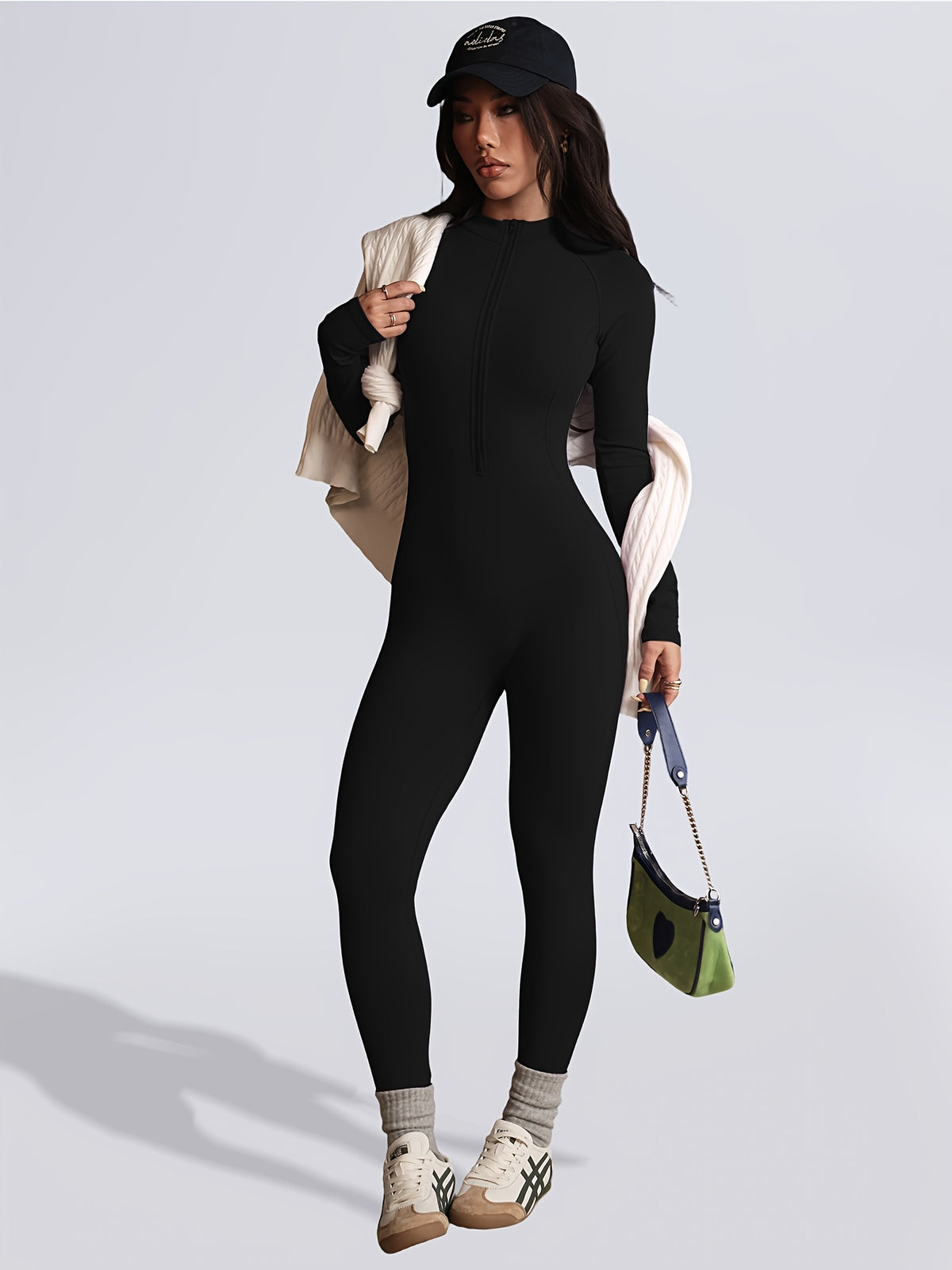 Zip Up Long Sleeve Jumpsuit - Black