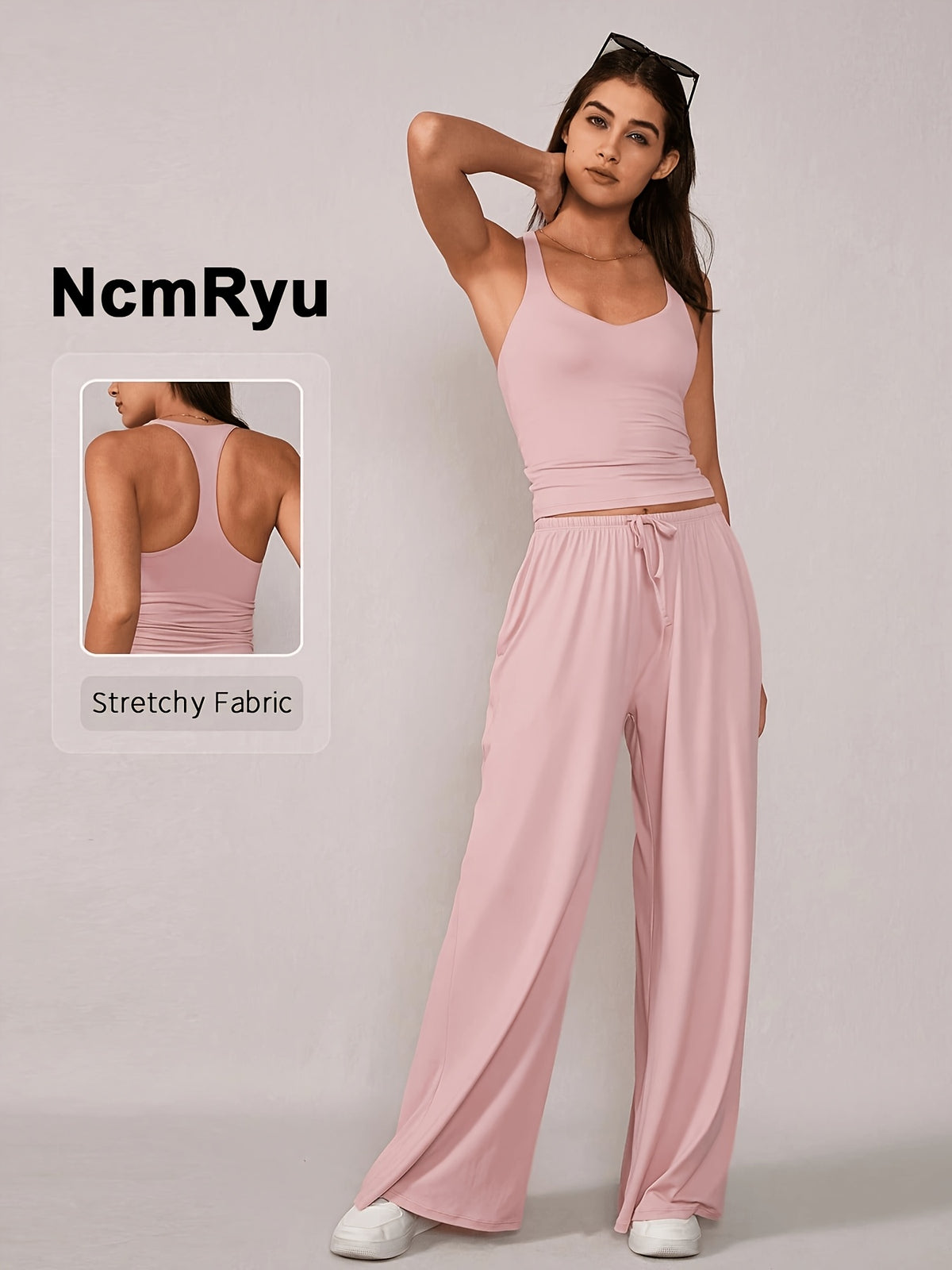 Racerback Tank & Wide Leg Pants Set - Light Pink