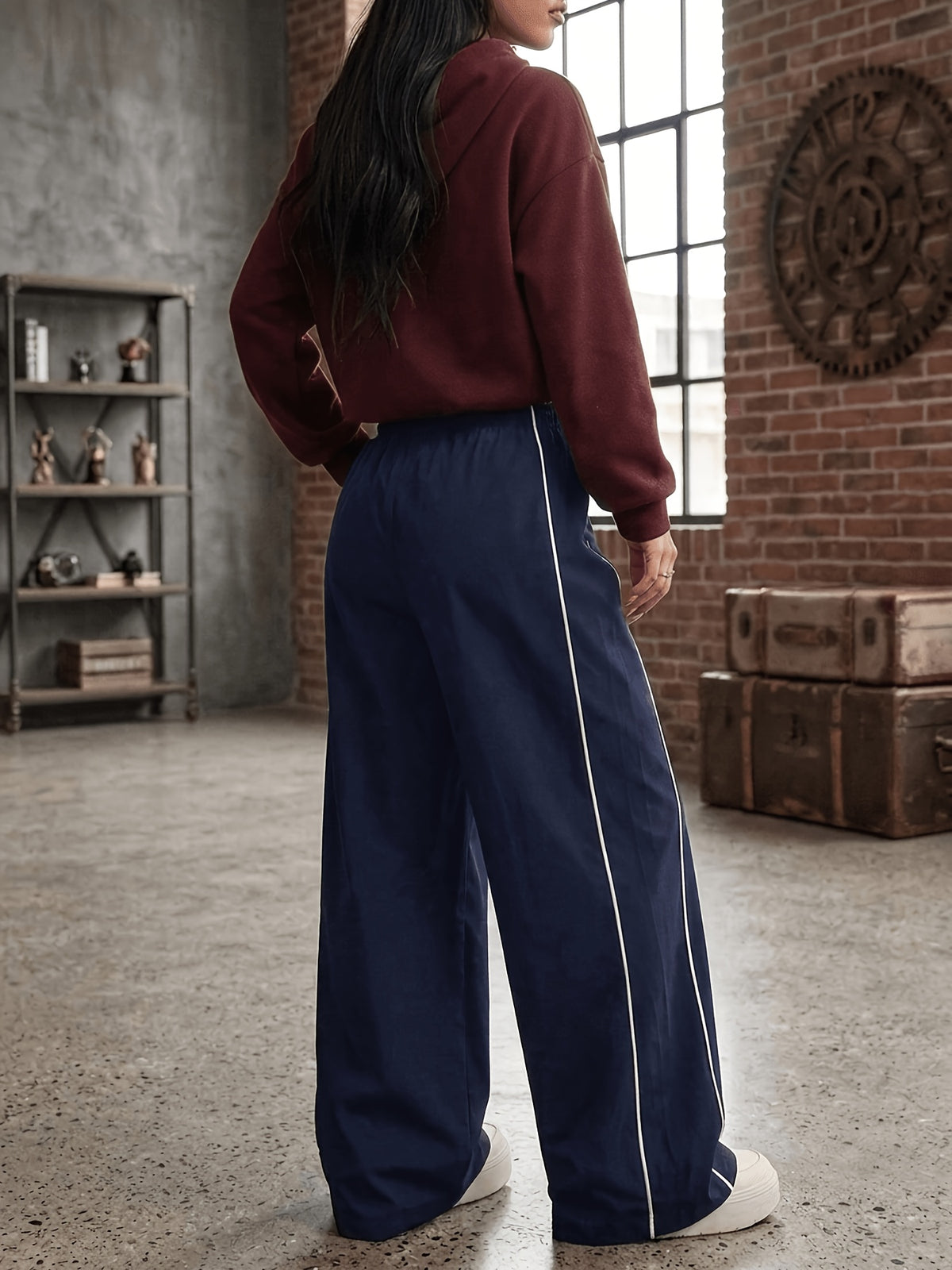 Side Stripe Wide Leg Pants - Navy