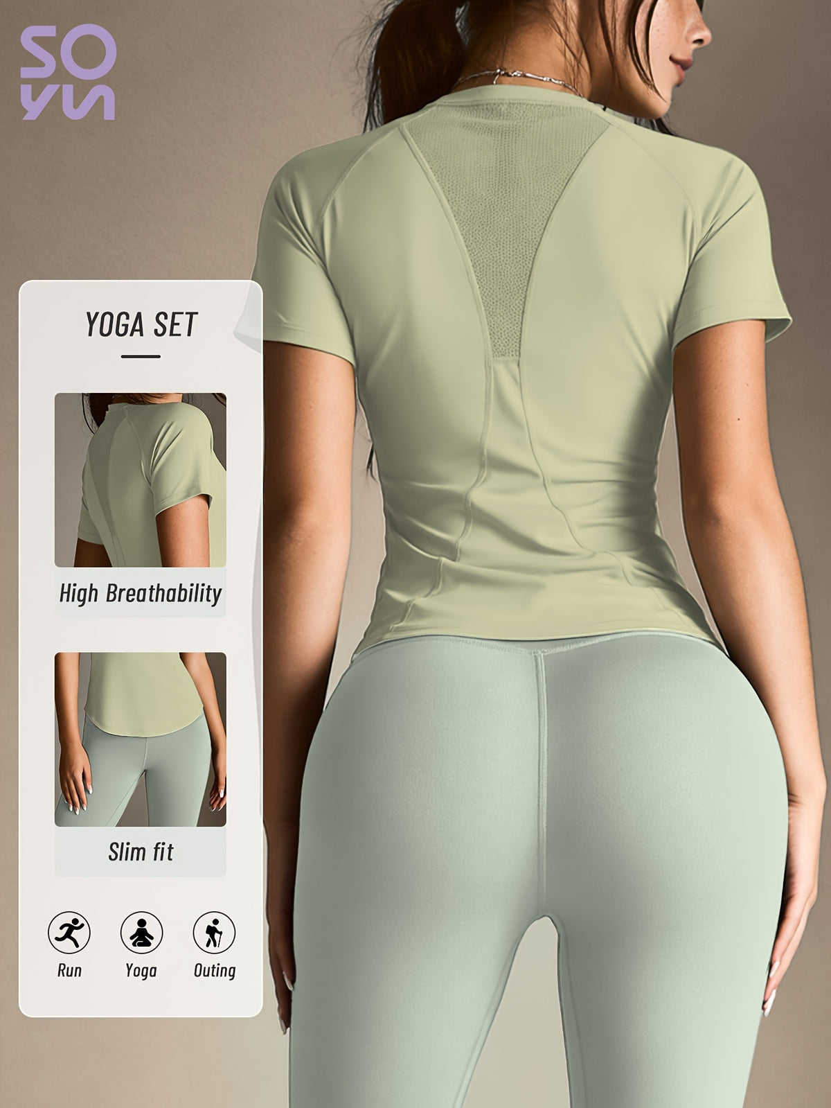 Mesh Cutout Tee & High Waist Leggings Set - Light Green & Yellow Green