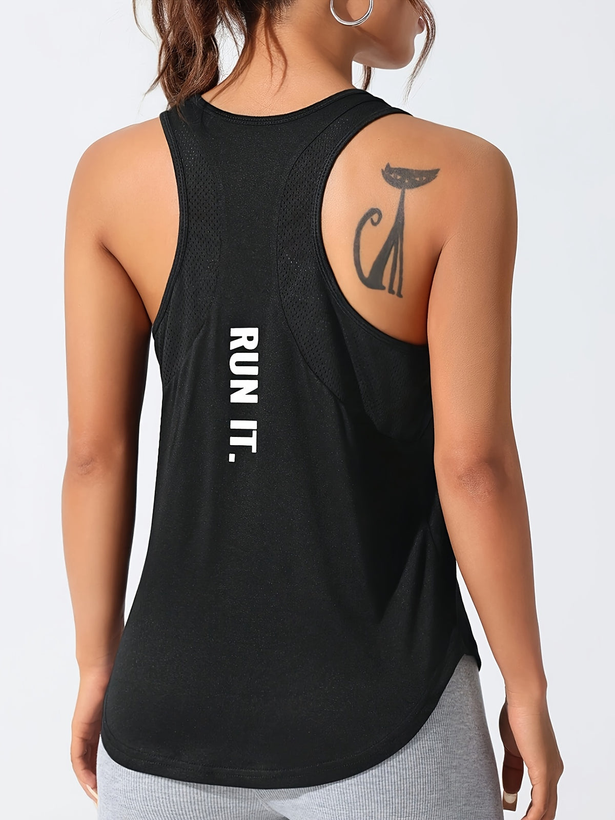 Mesh Panel Letter Print Tee & Vest Set - Black & Lavender