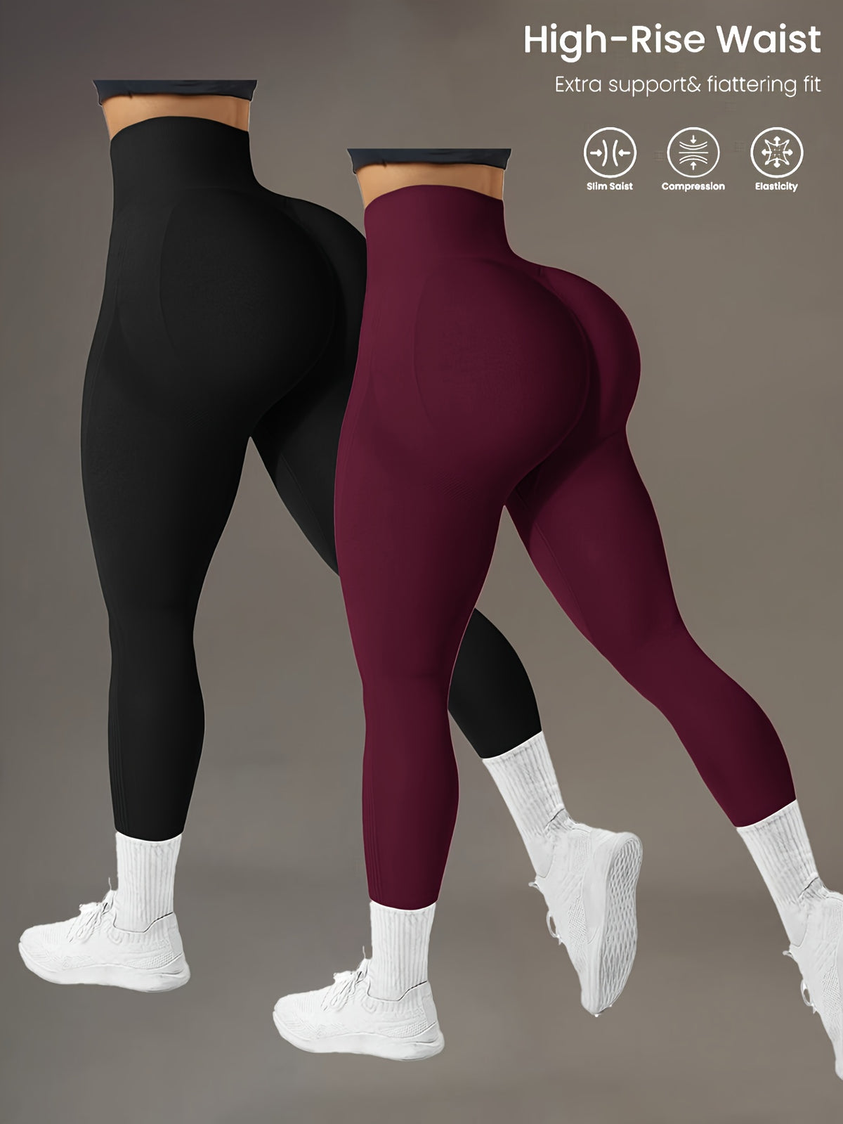 2 Pack Quick-Dry Wide Waist Leggings - Black & Wine Red