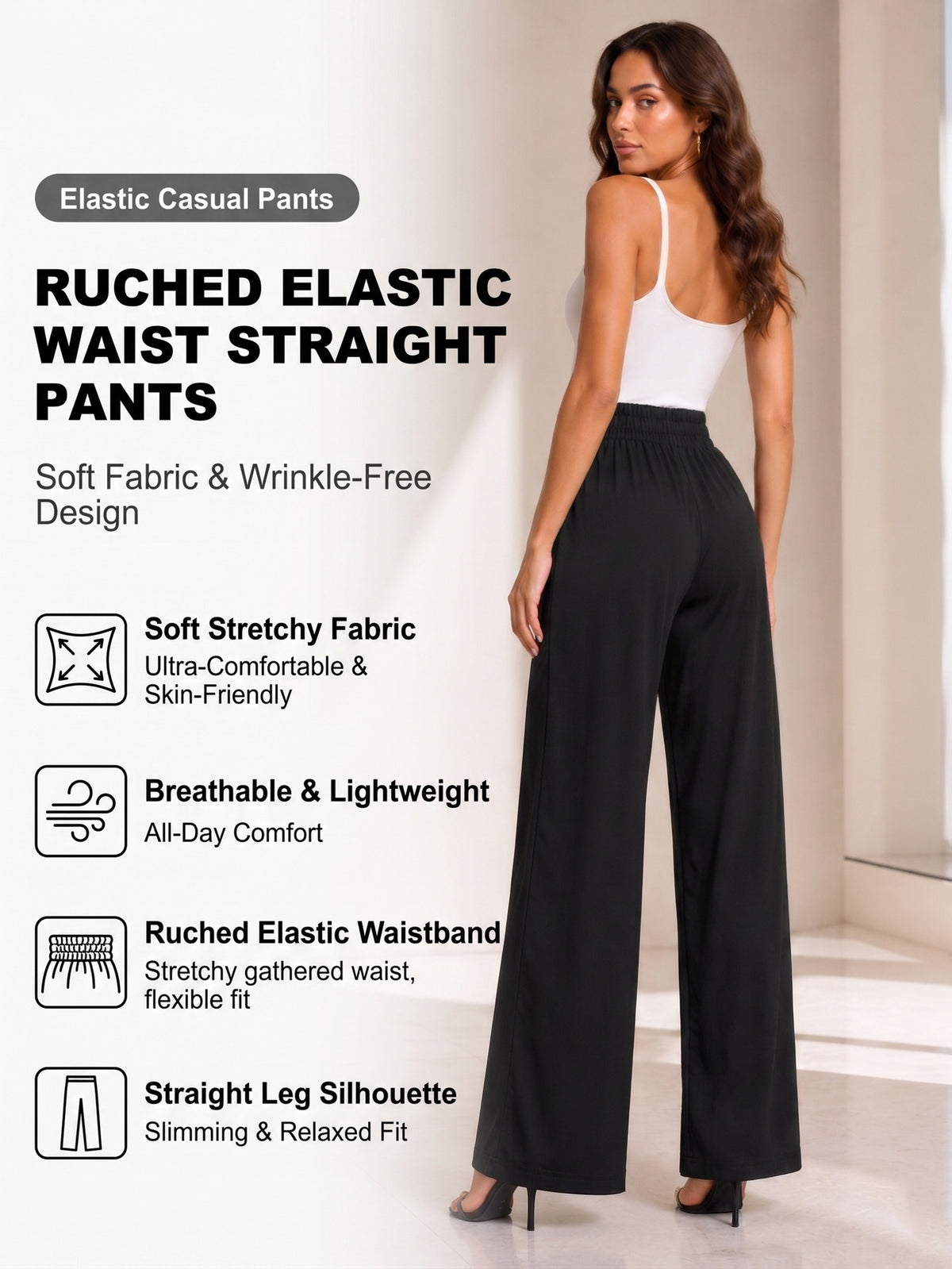 Ruched High Waist Wide Leg Pants - Black