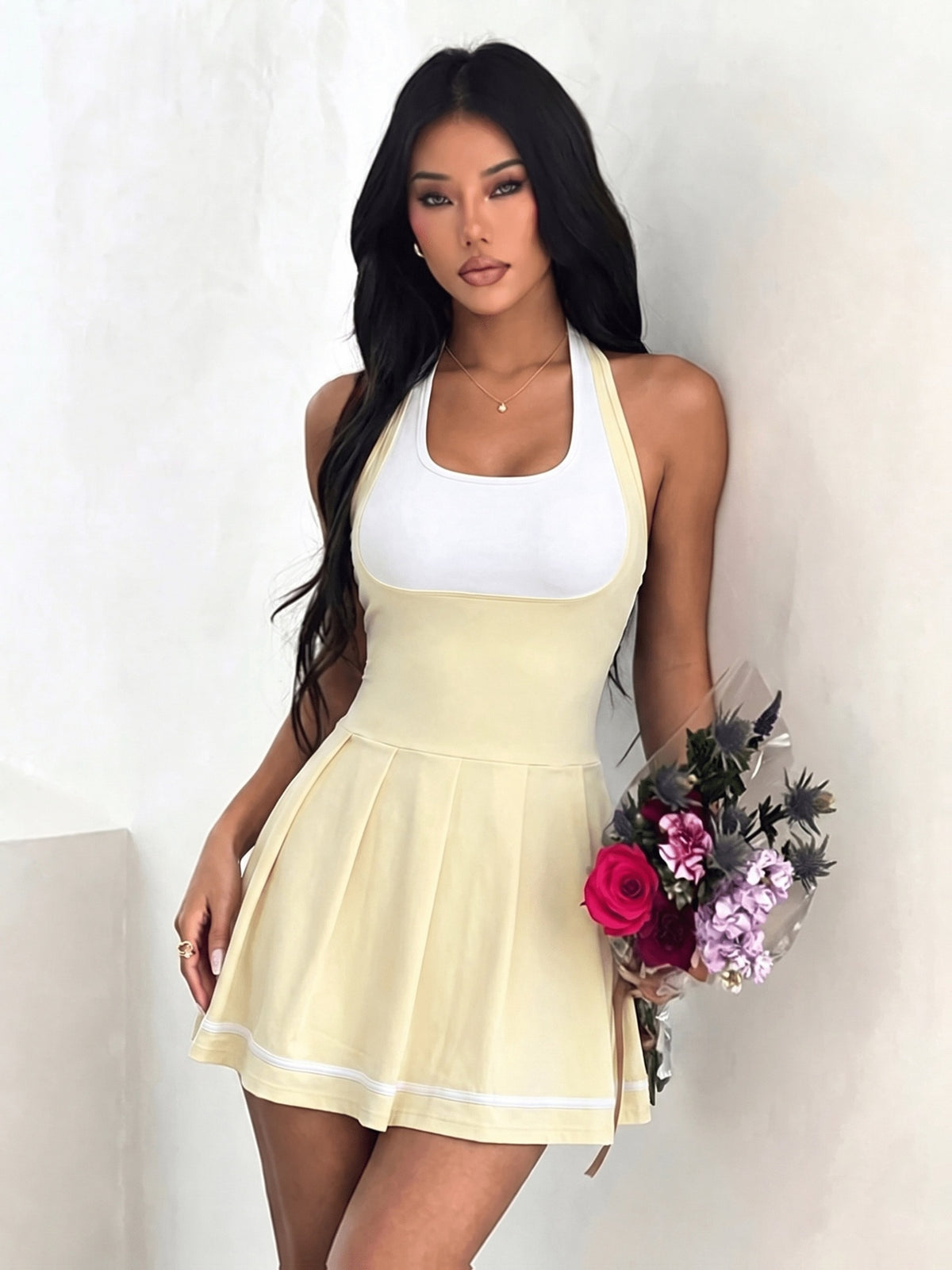 Contrast Halter Tennis Dress - Light Yellow