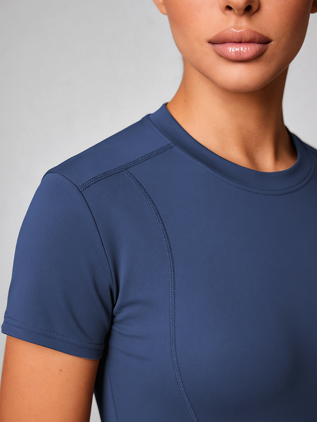 Quick-Dry Round Neck Yoga Tee - Navy
