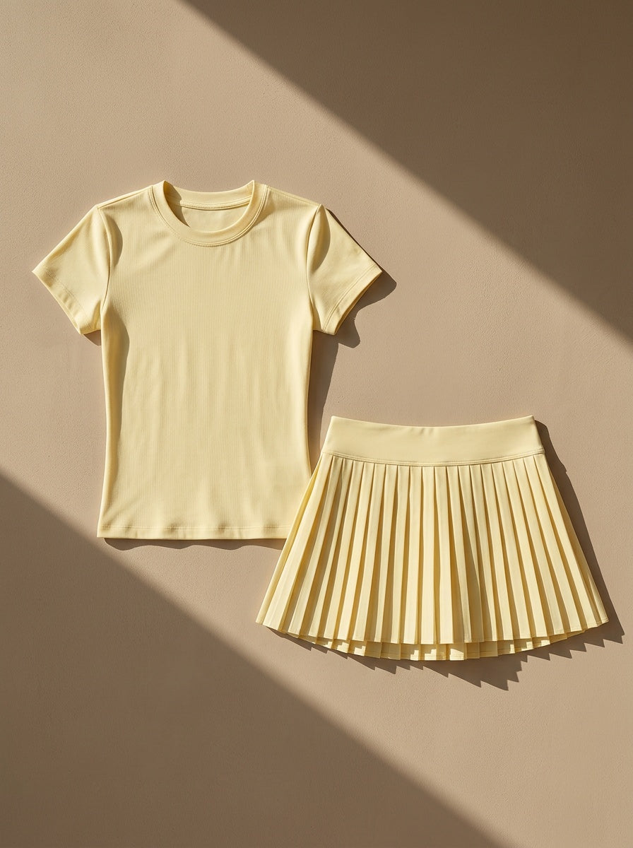 Tee & Pleated Tennis Skirt Set - Light Yellow