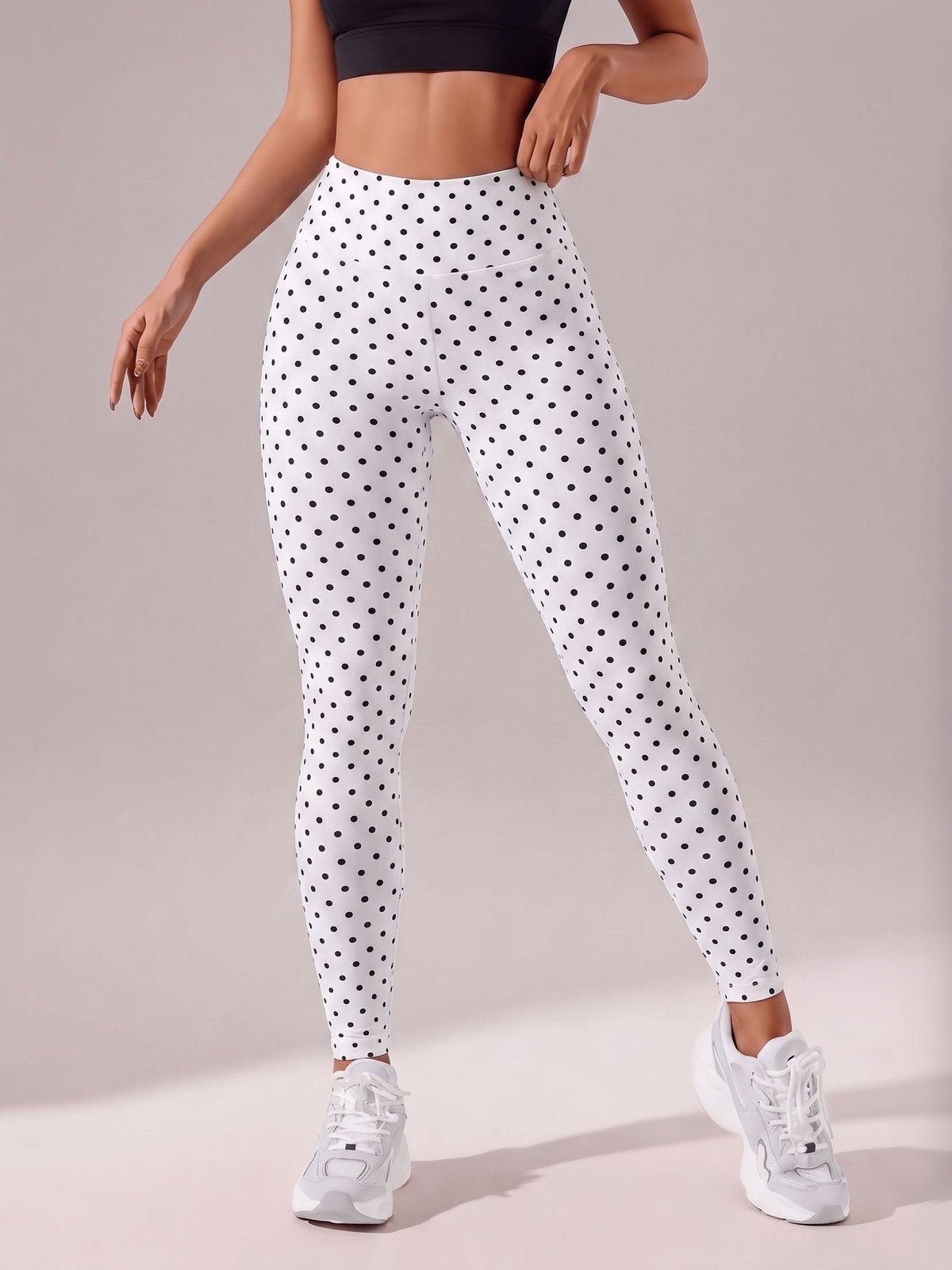 Polka Dot V Back Waist Leggings - Black Dots On White Background