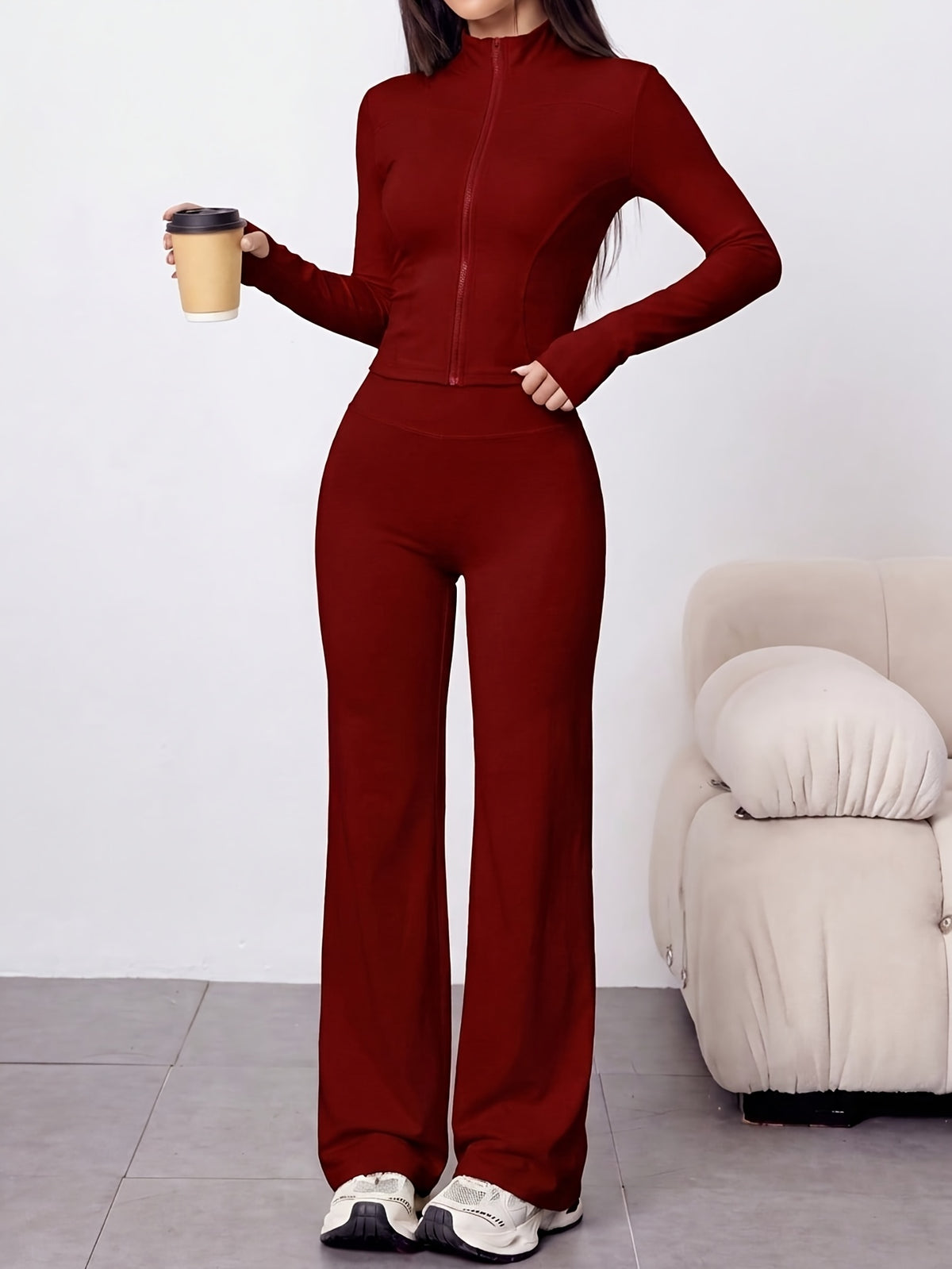 Waist Cinch Zip Jacket & Flare Pants Set - Burgundy